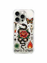 Snake and rose with spiral border and butterfly artwork on an iPhone 15 Pro case