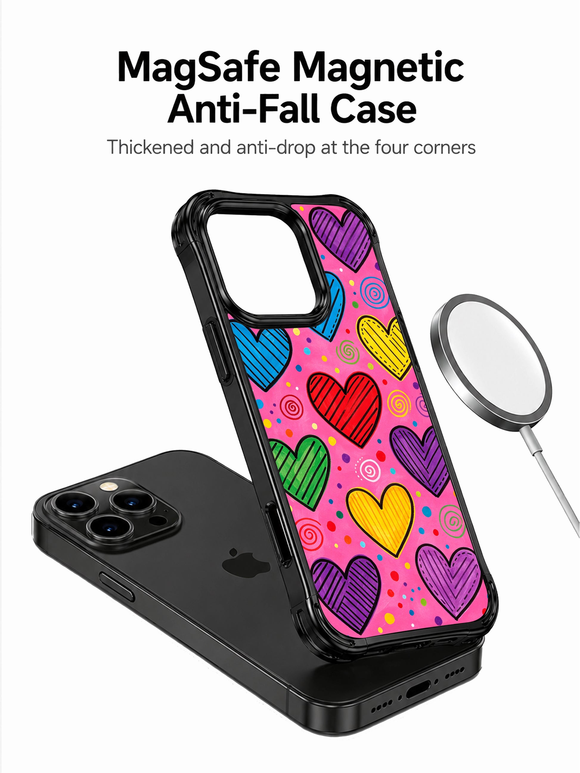 PhoneCasing iPhone 13 Pro Max casing showcasing lined layered hearts paired with swirls and tiny confetti dots, upbeat girly daily wear phone case.