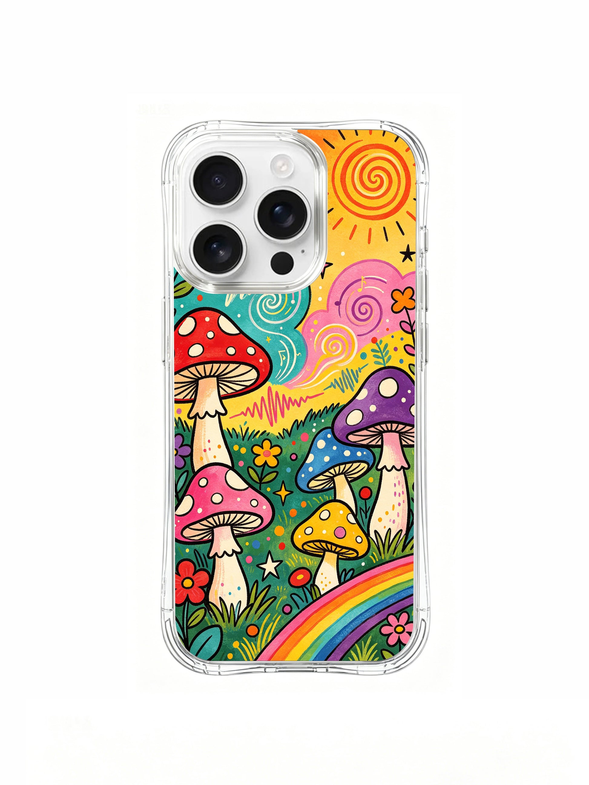 PhoneCasing iPhone 16 pro max Case, limited Luna Moss artist collab clear art case featuring dotted amanita mushrooms, swirling musical notes and spiral sun on vivid teal woodland meadow, retro 70s psychedelic folk artwork crafted in California.
