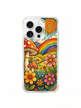 Spiral sun and rainbow over a floral mushroom valley artwork on an iPhone 16 Pro Max case