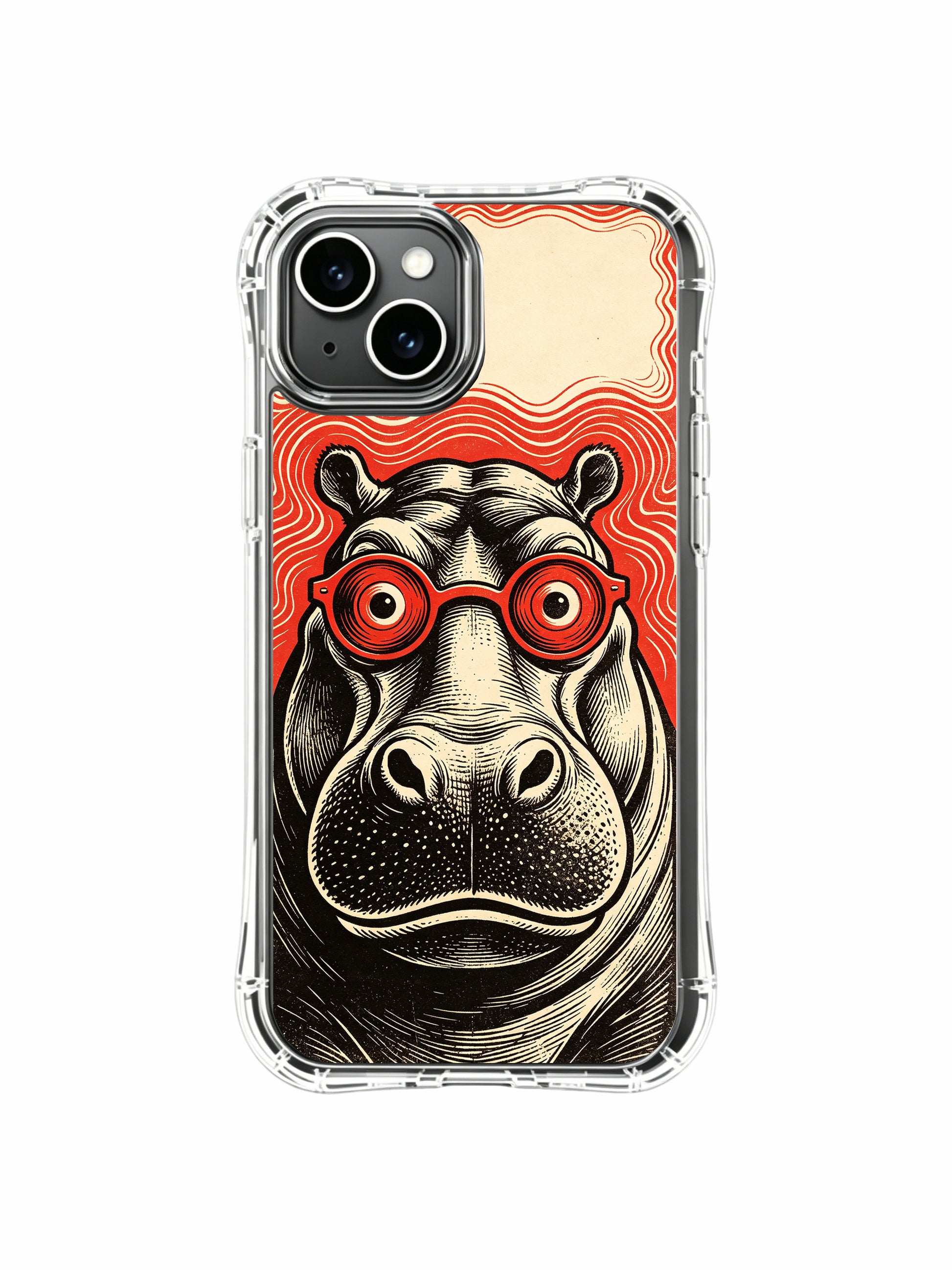Split solid cream upper + flowing red wave backdrop highlighting stoic retro hippo on PhoneCasing iPhone 13 Case, limited collab gallery protective casing made in California.