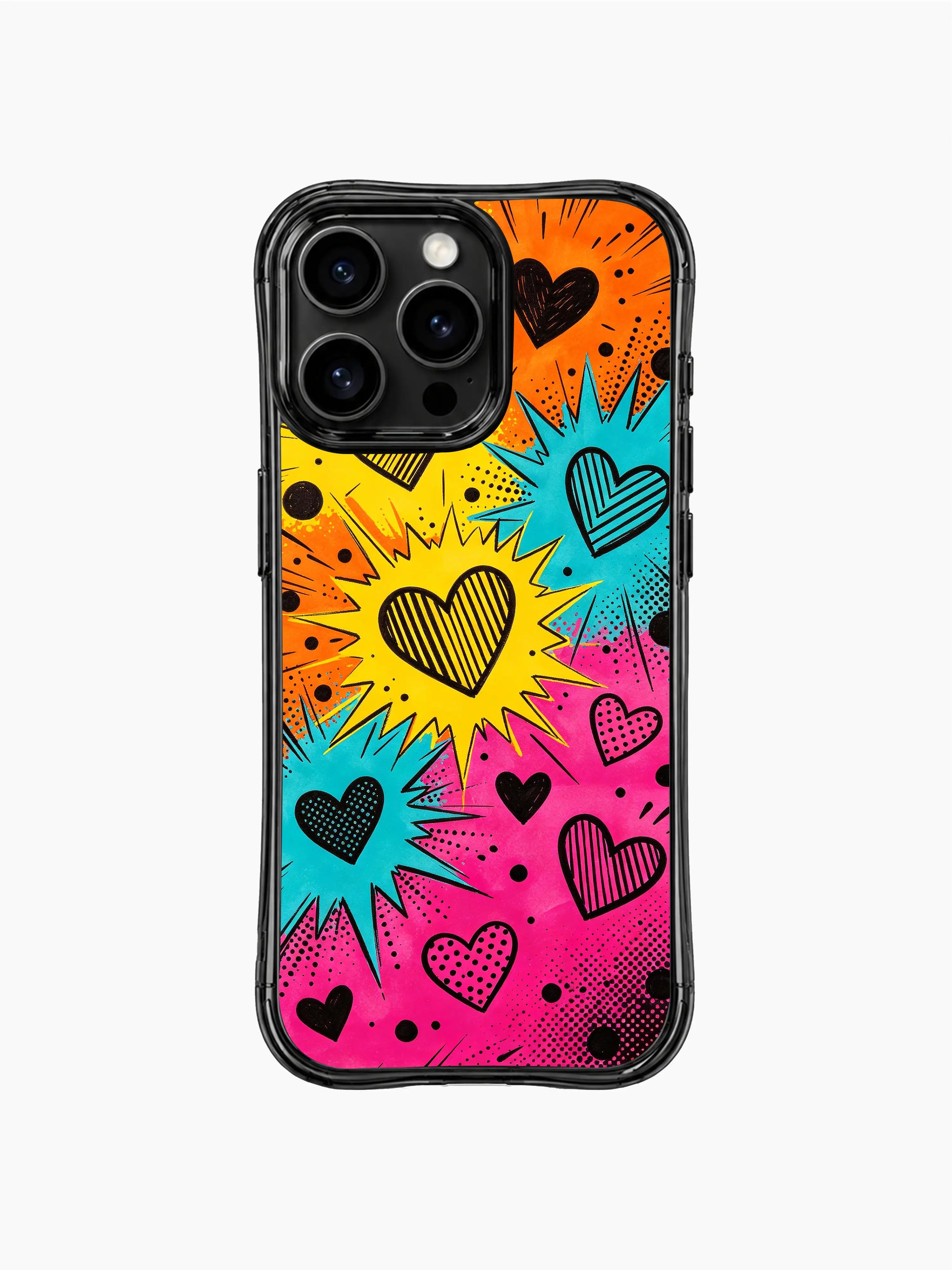 PhoneCasing iPhone 13 Pro Max casing segmented pink orange yellow cyan neon color block comic burst panels, balanced bold contrast without clashing, everyday statement phone cover.
