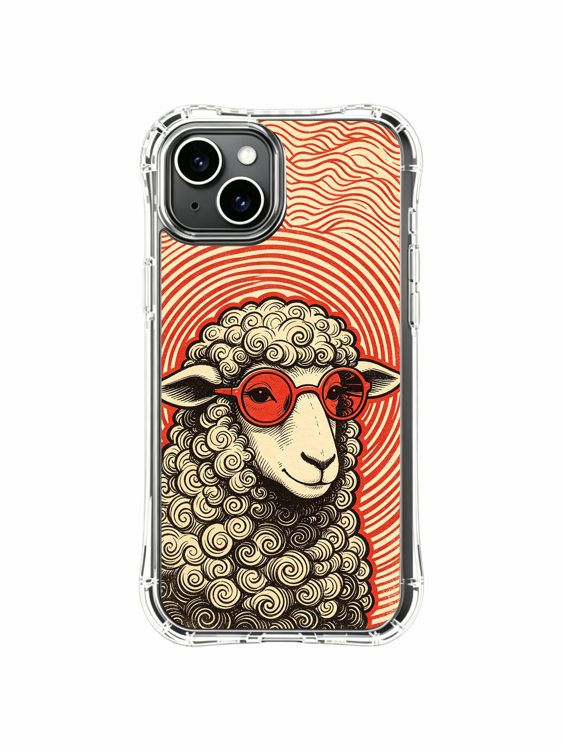 Split upper red oriental scale + concentric red ring backdrop highlighting soft wool poetic sheep on PhoneCasing iPhone 13 Case, limited collab gallery protective casing made in California.