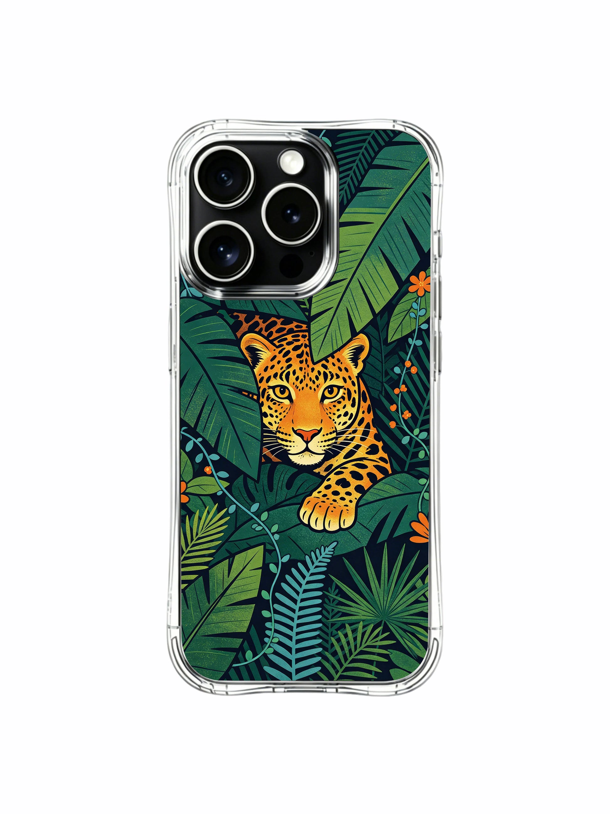 Distinct black spotted jaguar peeking through thick jungle green canopy iPhone 13 pro Case from PhoneCasing, ultra-thin see-through iPhone 13 pro casing, minimalist explorer wildlife decorative phone cover.