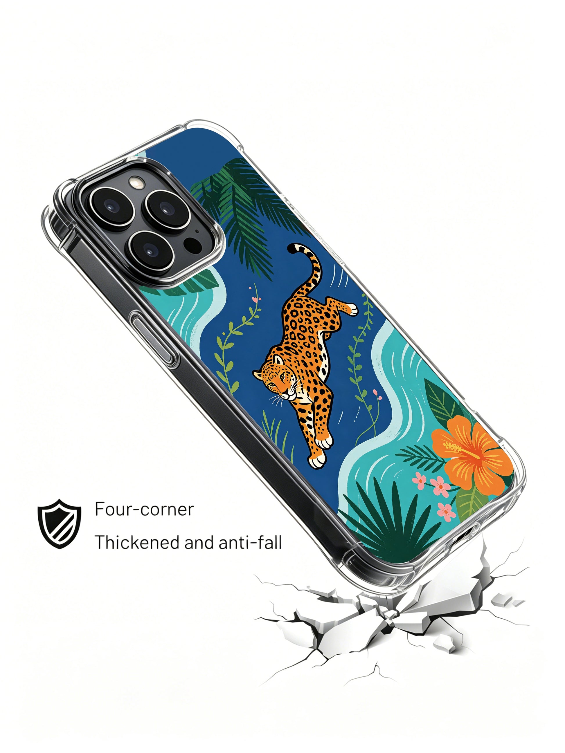 Dark spotted orange jaguar framed by rolling ocean-shaped canopy foliage iPhone 13 pro Case by PhoneCasing, assorted hibiscus & wildflower illustrated phone cover, fade-resistant premium shockproof protective casing