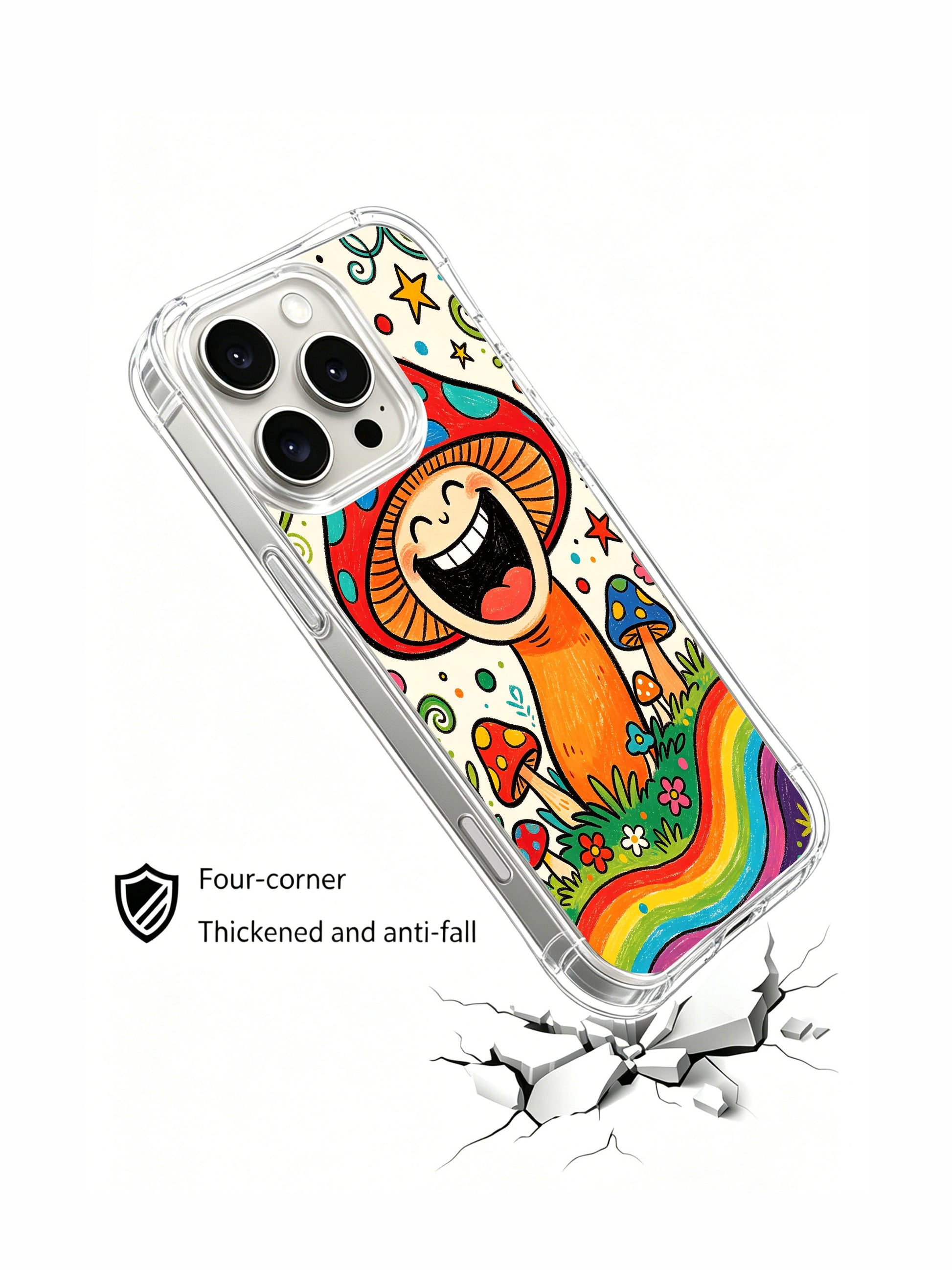 PhoneCasing iPhone 16 pro max Case, red polka dot cap laughing mushroom design bespoke casing from artist Luna Moss, whimsical psychedelic art print premium California made phone accessory