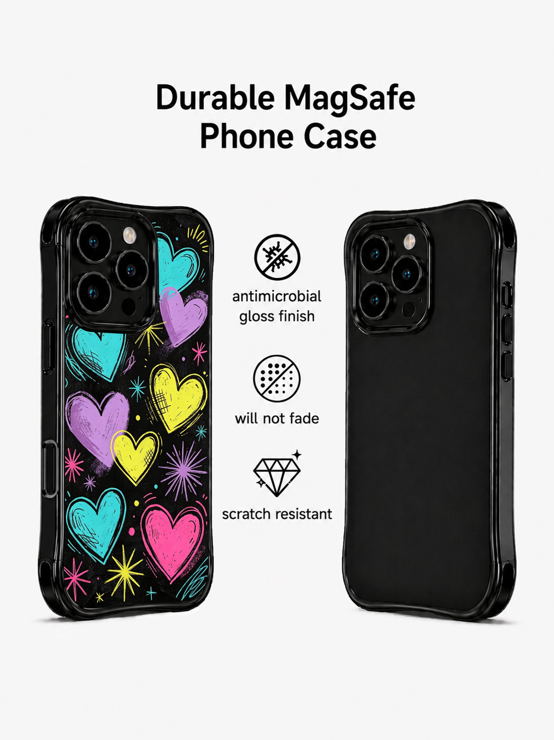 Loose scrawl hand-doodle PhoneCasing iPhone 13 Pro Max cover, neon pastel layered hearts, squiggle scribble marks and pink spray grain noise splatters, perfect festival phone shell
