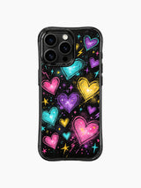 PhoneCasing iPhone 13 Pro Max cover textured spray paint dot splatters and faint halftone speckles across black galaxy background, layered neon scribble hearts and star accents, whimsical space crush pop art phone case.
