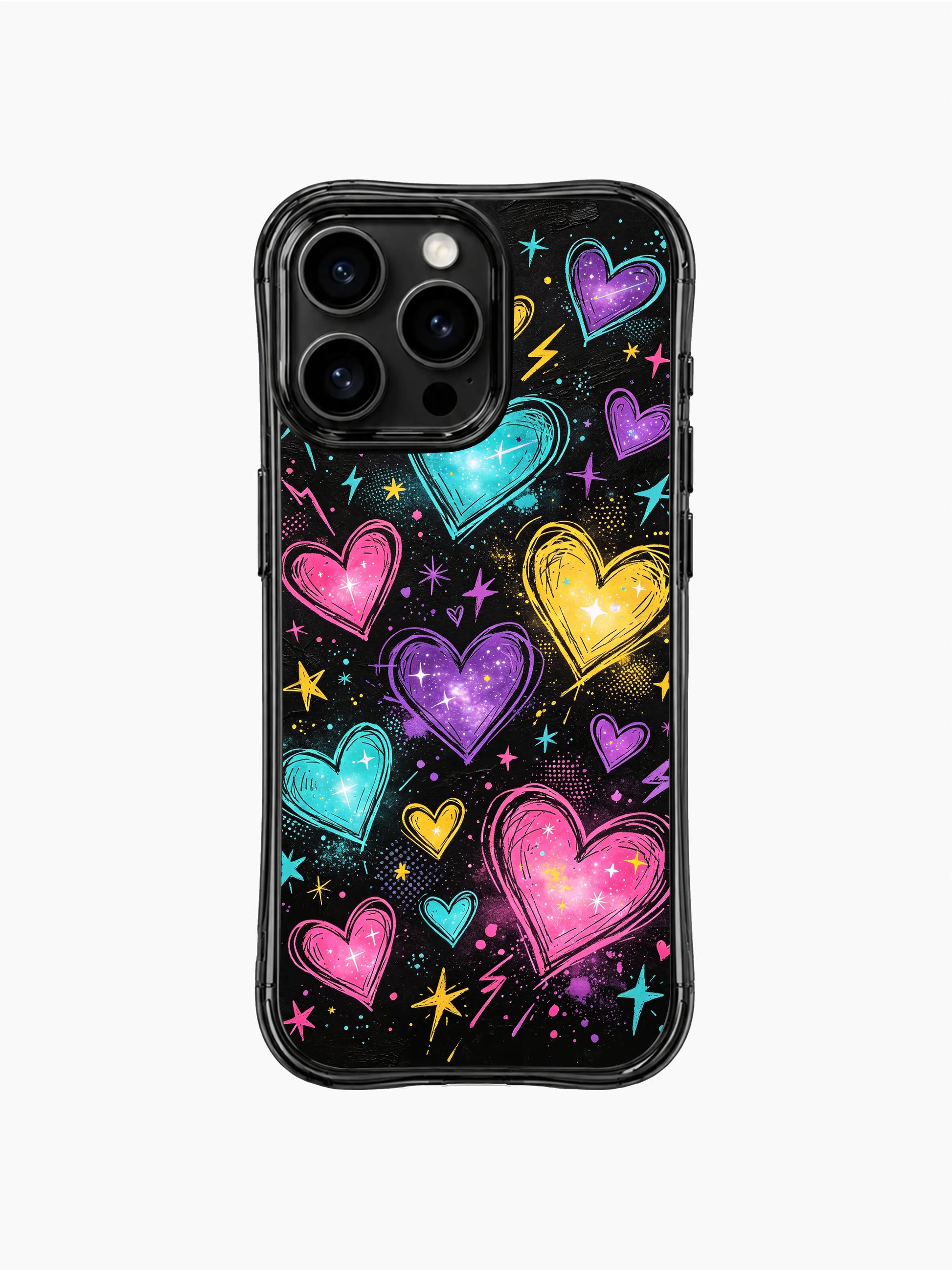 PhoneCasing iPhone 13 Pro Max cover textured spray paint dot splatters and faint halftone speckles across black galaxy background, layered neon scribble hearts and star accents, whimsical space crush pop art phone case.