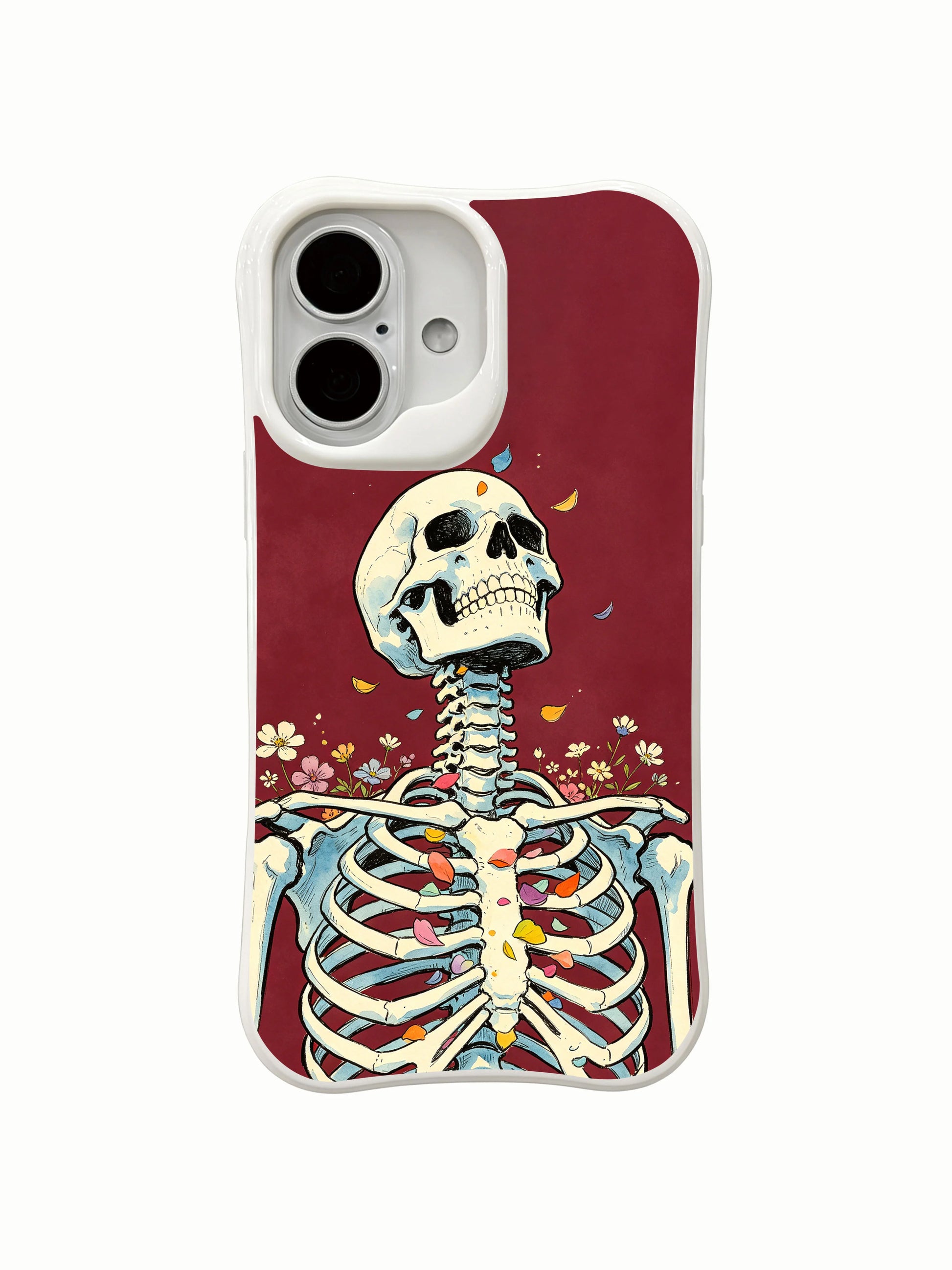 PhoneCasing spring-after-mourning skeleton petal iPhone 16 Case, symbolic upward flying flower petals watercolor art, MagSafe compatible custom printed iPhone 16 casing