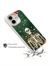 PhoneCasing Spring Awaits Bone goth iPhone 16 Case, dark academia skeleton illustration with falling mixed-color flower petals, four-corner anti-drop reinforced iPhone 16 casing made in USA