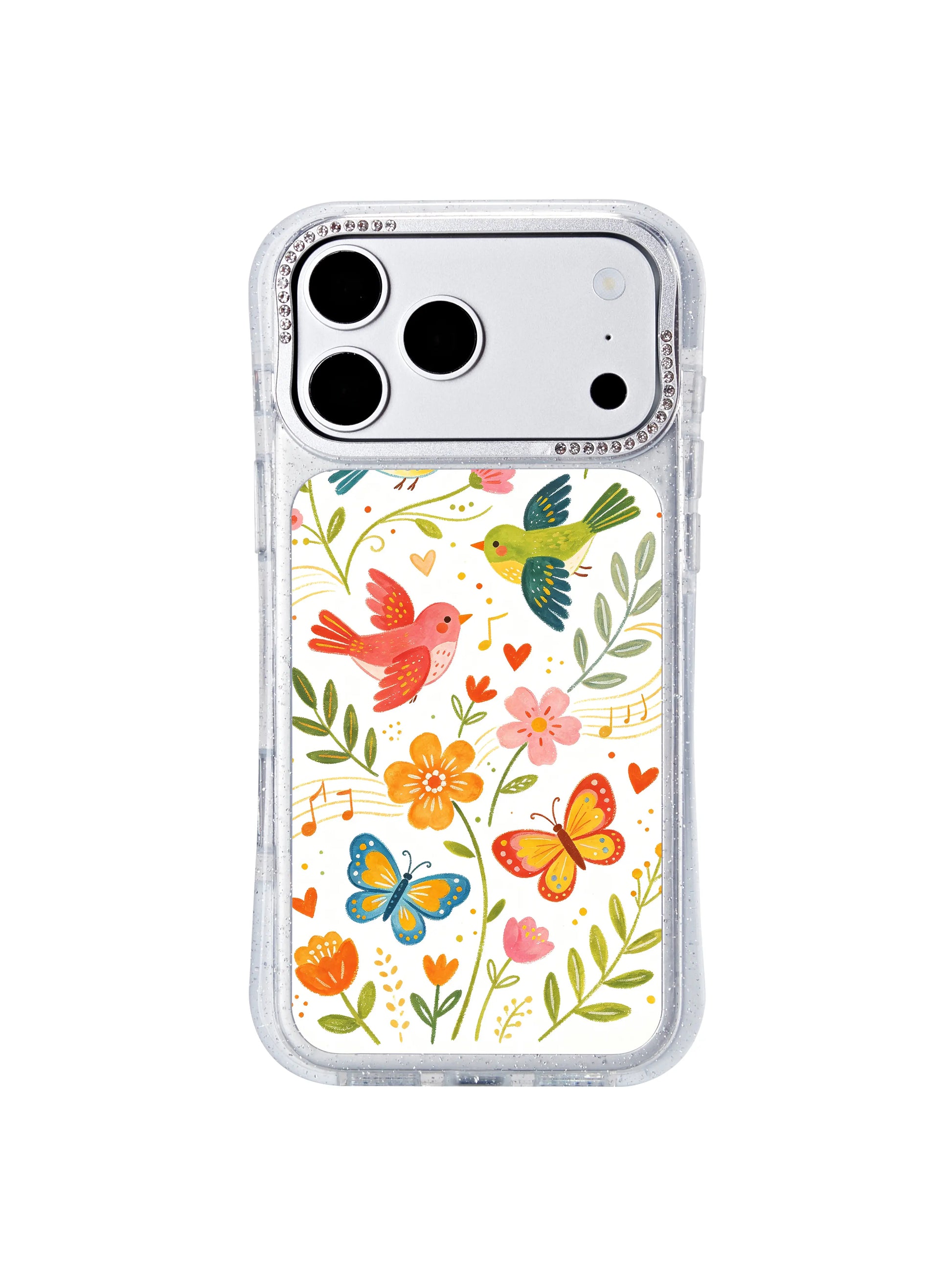 PhoneCasing exclusive artist collaboration iphone 17 pro Max case featuring Aurelia Finch’s Three Birds Spring Waltz illustration, a joyful celebratory wearable art piece with playful musical folk charm.