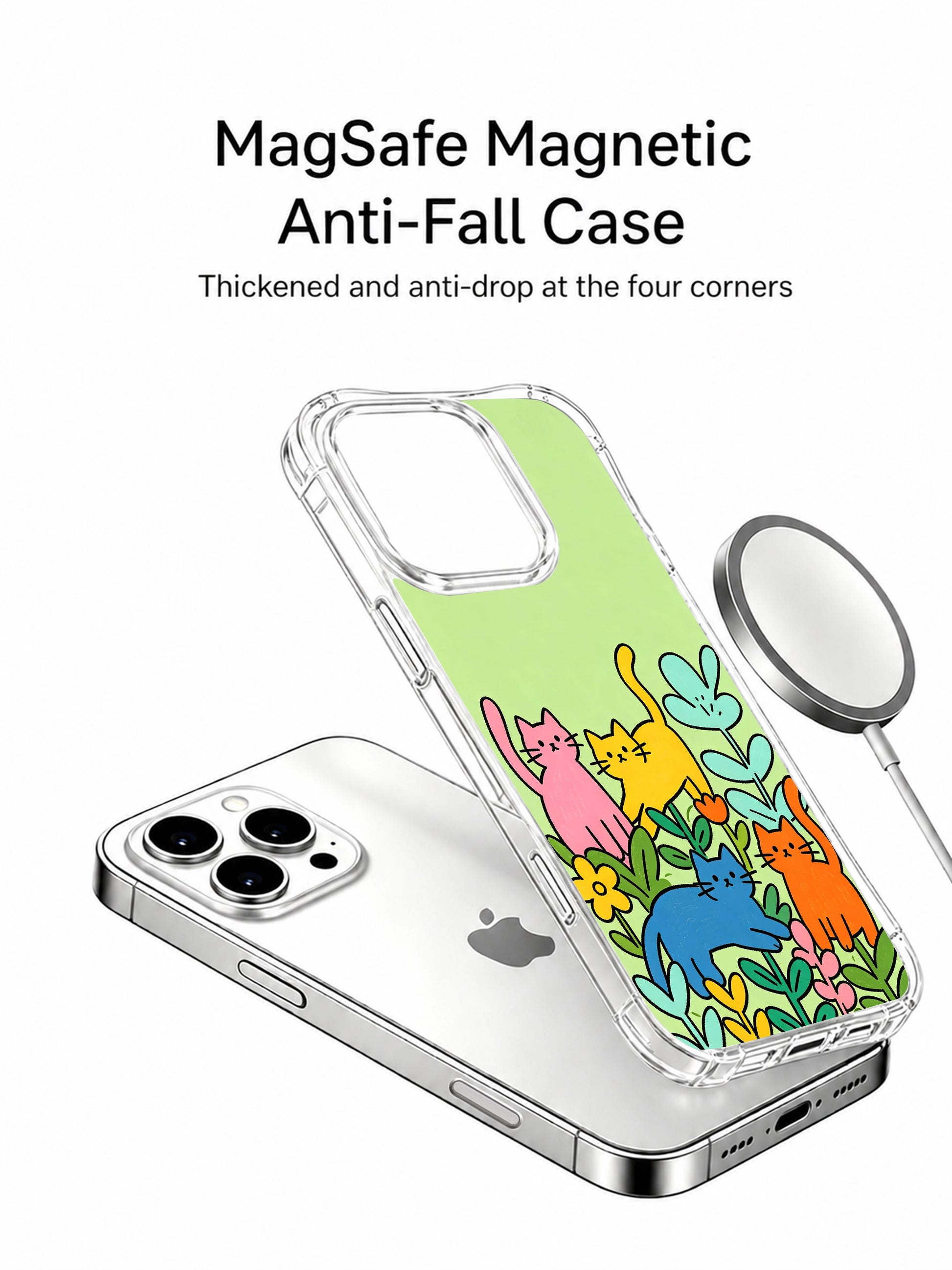 PhoneCasing iPhone 16 pro max clear protective case with bright, playful cat art that feels like a blooming spring garden.