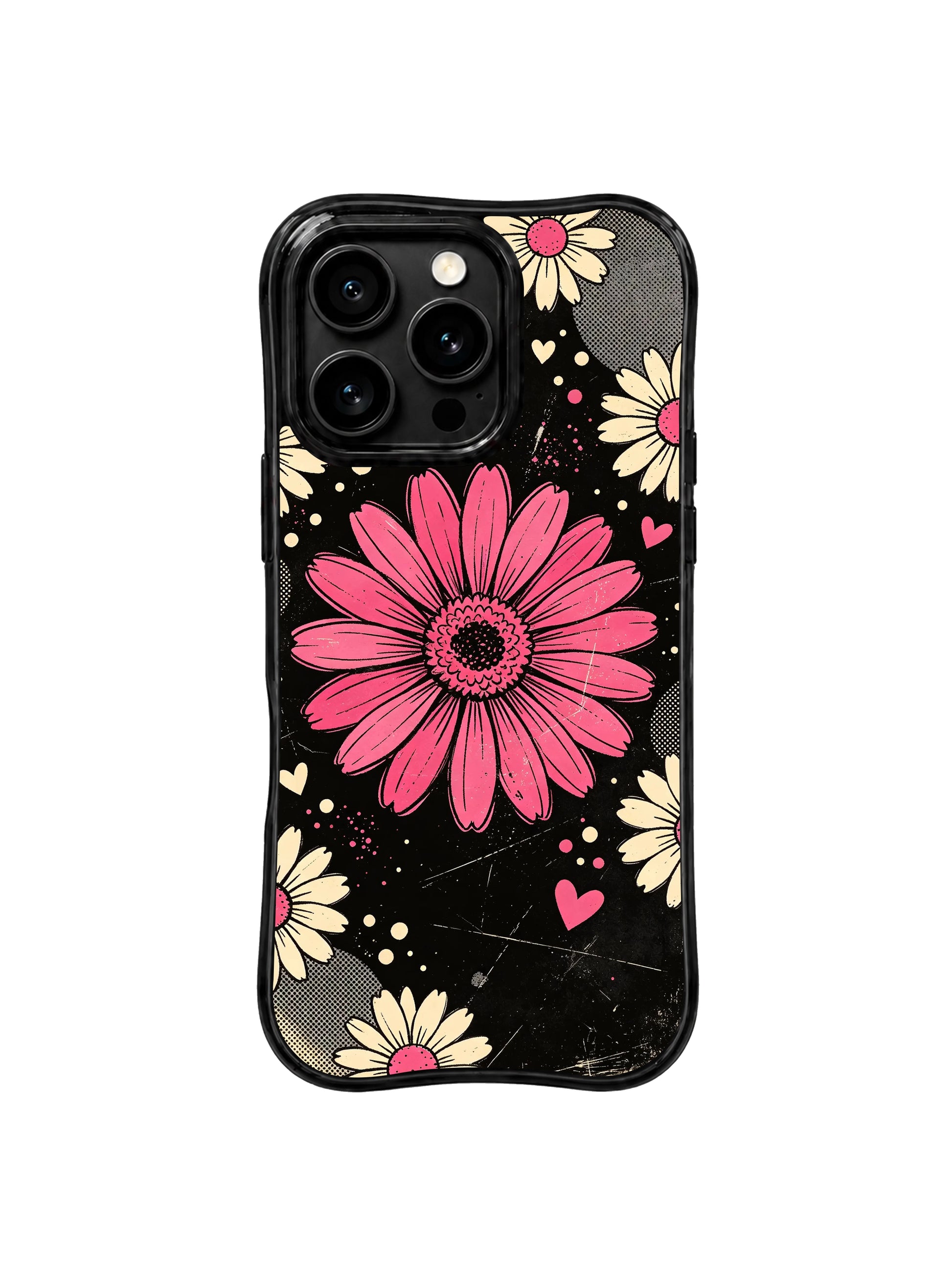 PhoneCasing iPhone 16 pro Case with luminous oversized raspberry pink daisy acting as central stage spotlight on dark black field, Ruby Daze original romantic retro pop art, premium print casing crafted in California.
