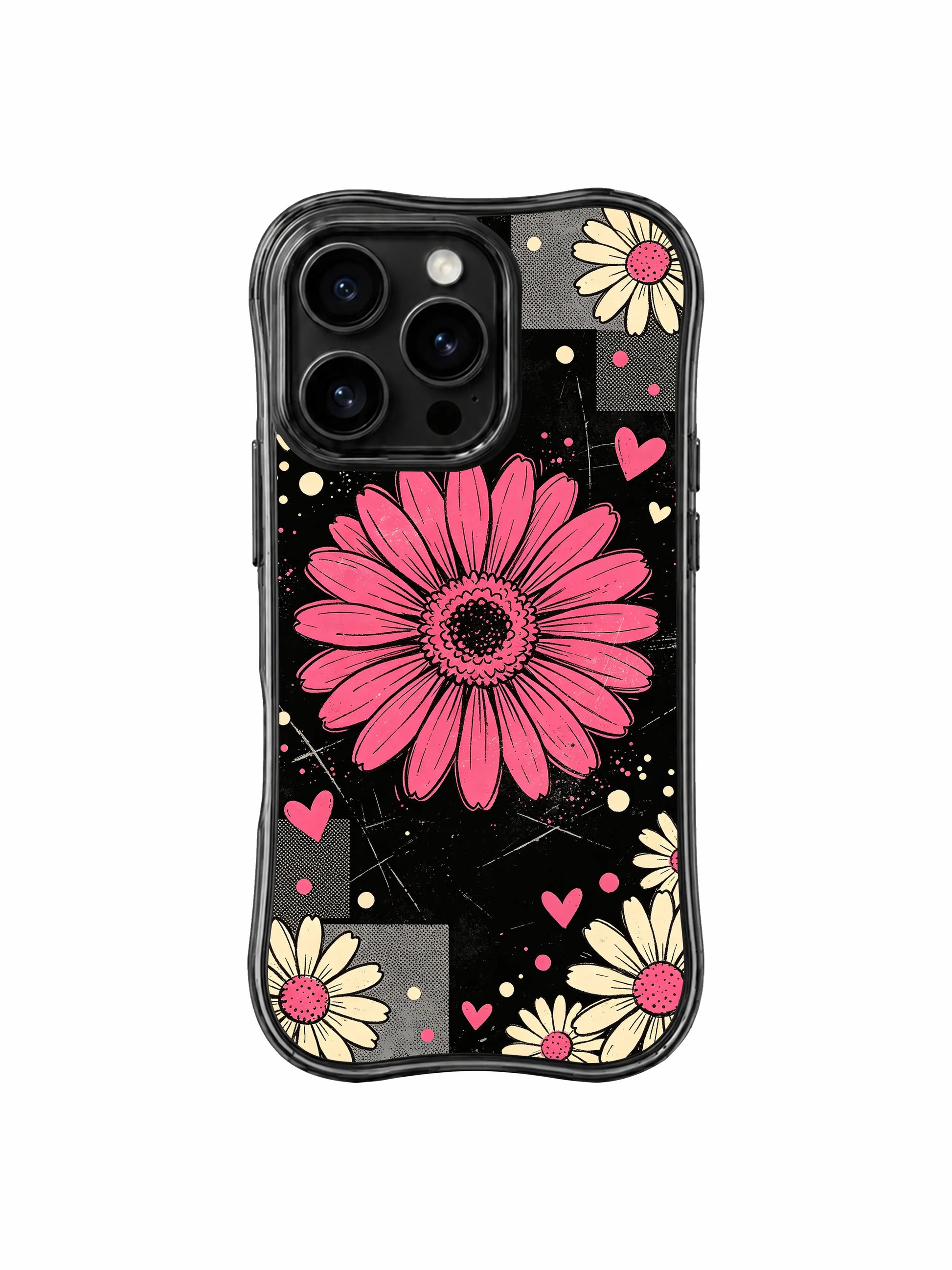 PhoneCasing iPhone 16 pro Case with luminous oversized raspberry pink daisy acting as central stage spotlight on dark black field, Ruby Daze original romantic retro pop art, premium print casing crafted in California.