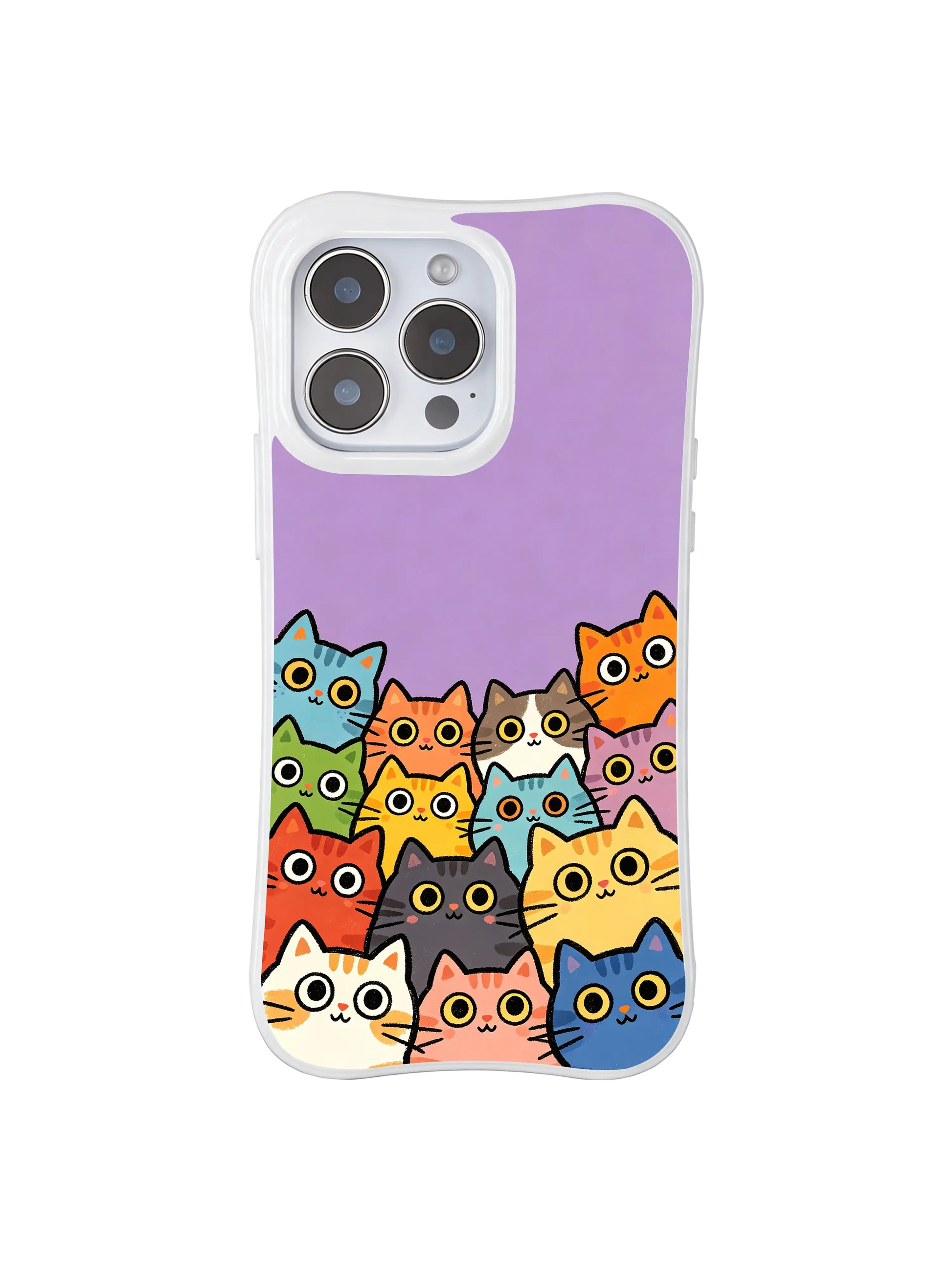 PhoneCasing iPhone 16 pro max scratch-resistant case featuring cats on a purple background, full of theatrical fun.