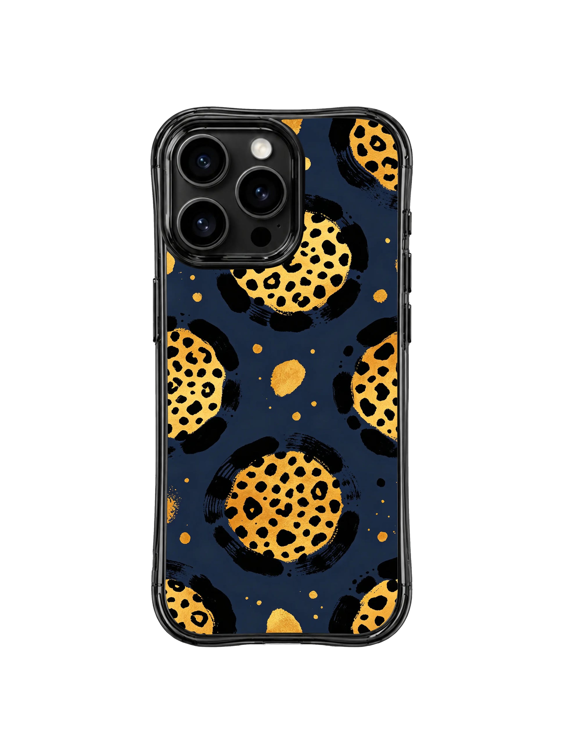 Material durability showcase of PhoneCasing scratch & stain resistant Midnight Golden Drift leopard iPhone 14 Pro Case, smooth glossy antimicrobial surface resists abrasion from daily pocket and bag carry