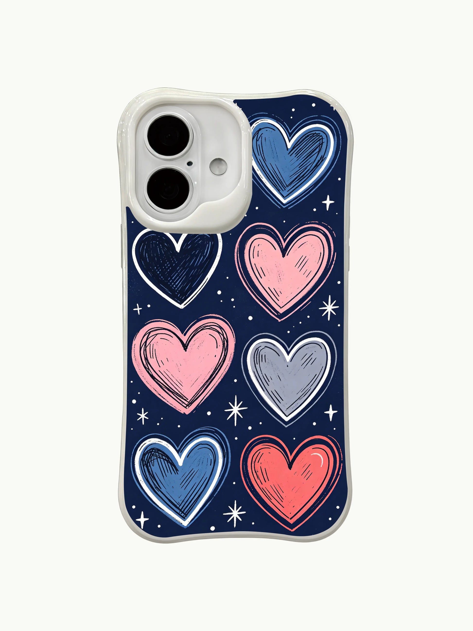 PhoneCasing star accent hearts iPhone 16 plus case, cute design with tiny stars scattered around whimsical sketch hearts.