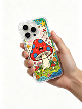 Singing red agaric on a star-dotted cream background artwork on an iPhone 16 Pro Max case