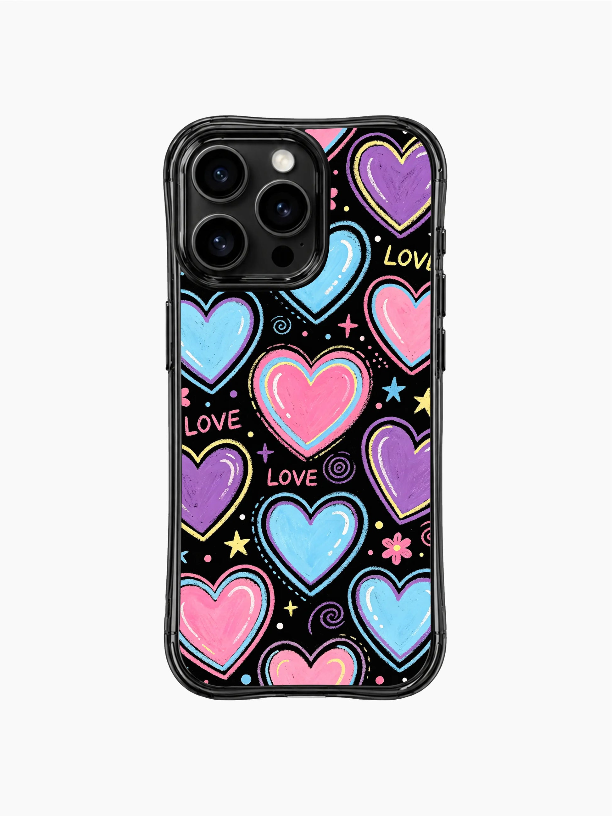 PhoneCasing iPhone 13 Pro Max cover with bubblegum hearts decorated by mini stars and daisy flowers, sweet youthful artistic casing.
