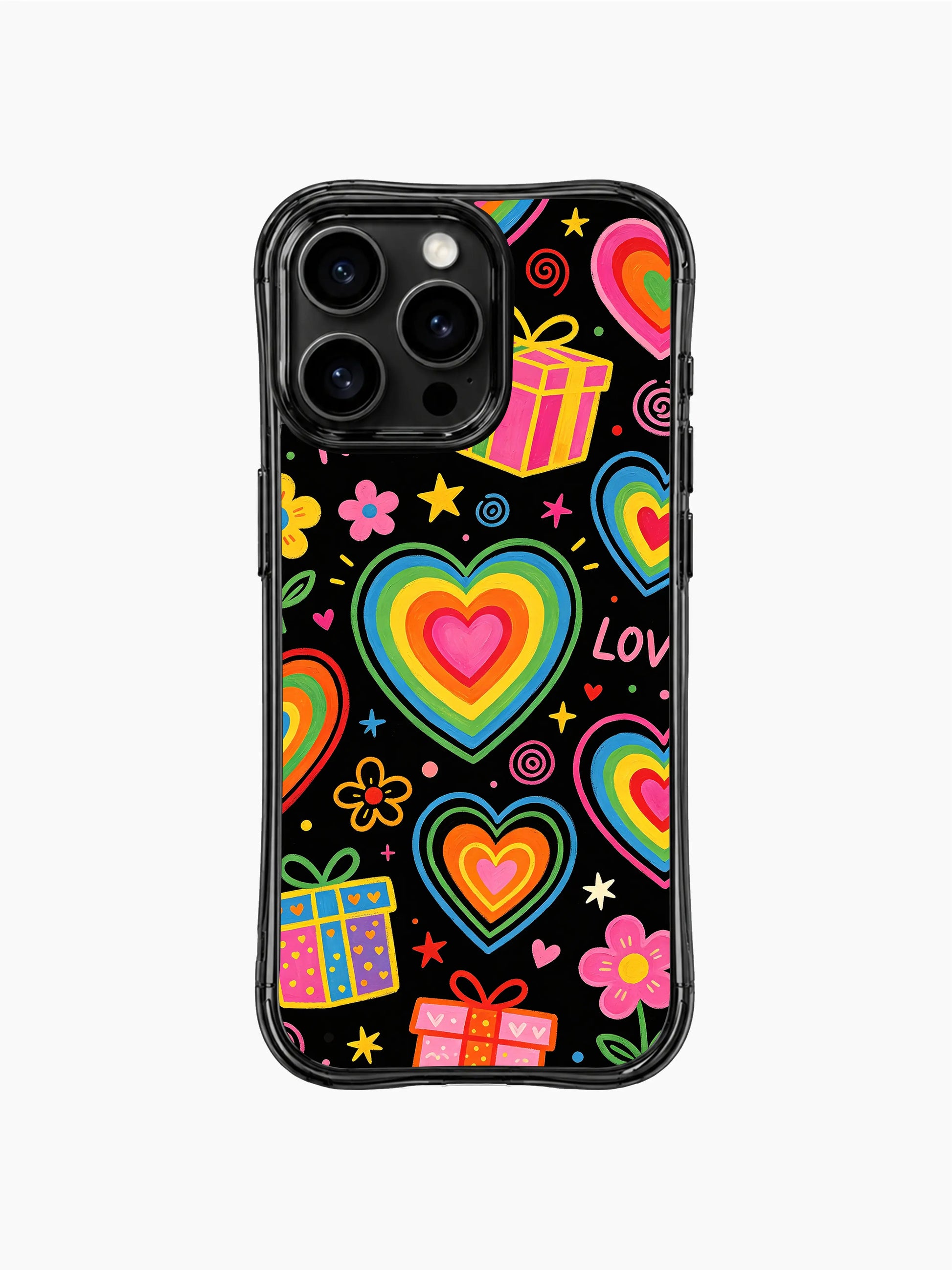 PhoneCasing iPhone 13 Pro Max casing full of mini floral, star and spiral accents mixed with rainbow hearts & gift boxes, sweet bold statement phone case.