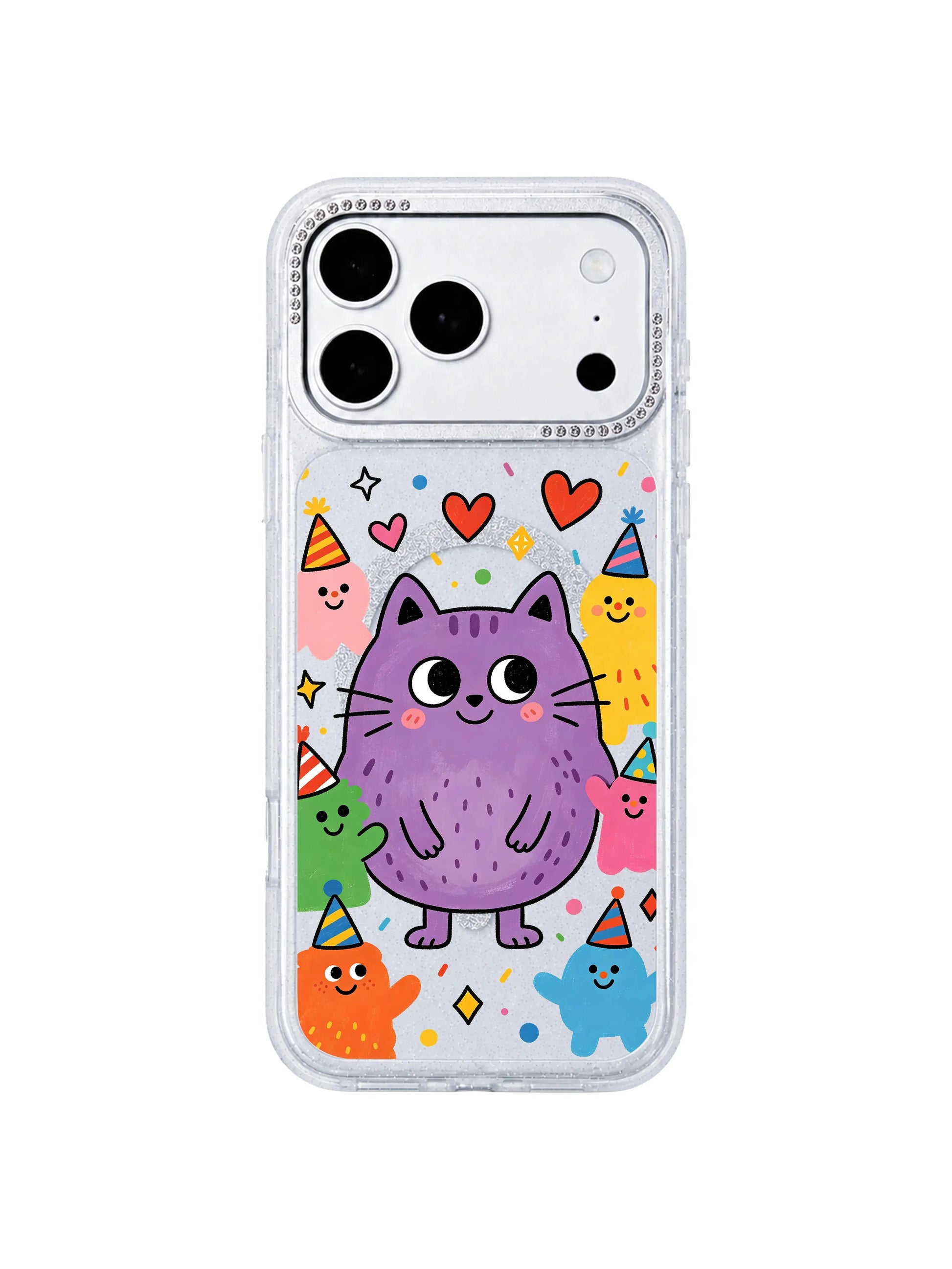 PhoneCasing decorative element close-up of hand-drawn star, heart confetti and friendly minor monsters surrounding central pink hat purple cat on Purple Cat Smile iPhone 17 Pro Max case, heartwarming storytelling visuals for iPhone 17 Pro Max casing product copy
