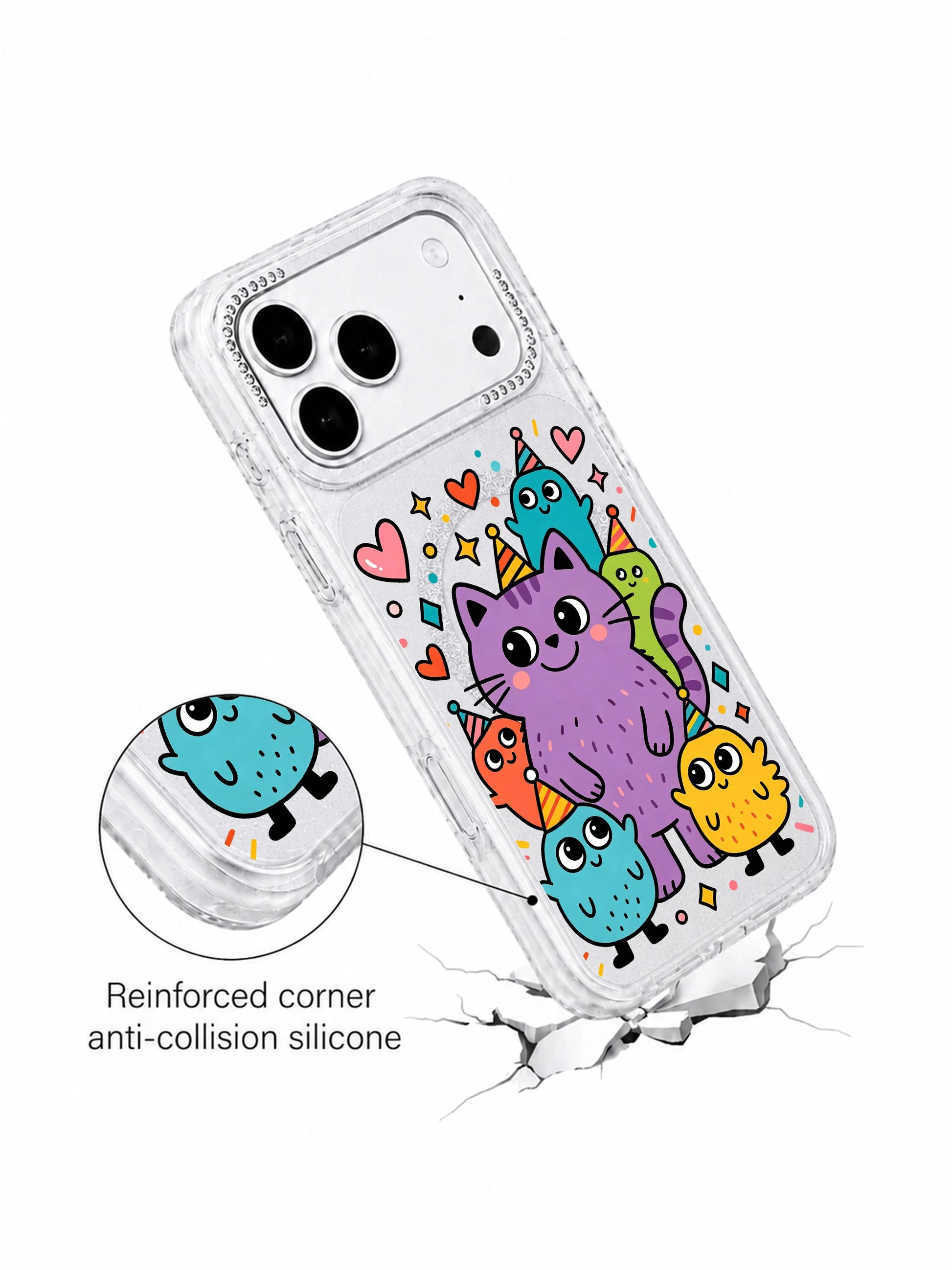 PhoneCasing anti-drop reinforced corner demo shot for Star Heart Stage Cat Monster iPhone 17 Pro Max case, flexible shock-absorbent silicone for scratch resistant durable iPhone 17 Pro Max protective casing with uplifting kidcore character illustrations
