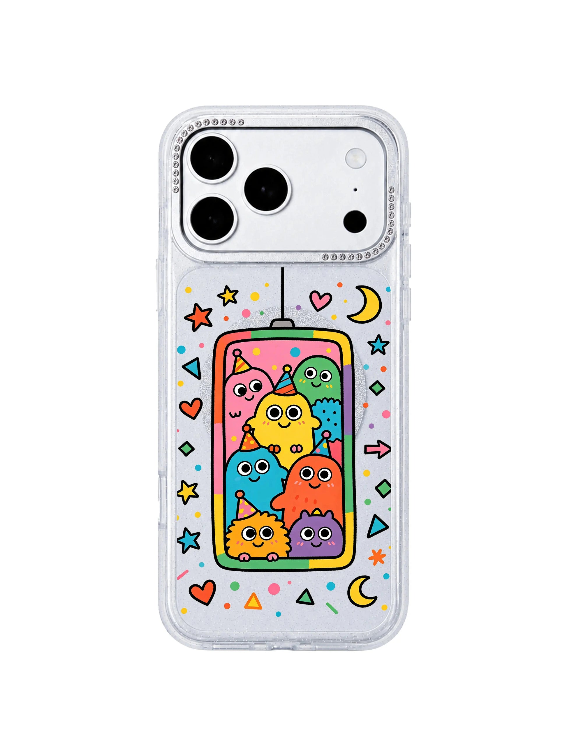 PhoneCasing soft warm cozy interior lifestyle image with Star Moon Symbol Wish Elevator iPhone 17 Pro Max case, relaxed daily styling featuring hopeful imagination doodles on the glitter iPhone 17 Pro Max casing