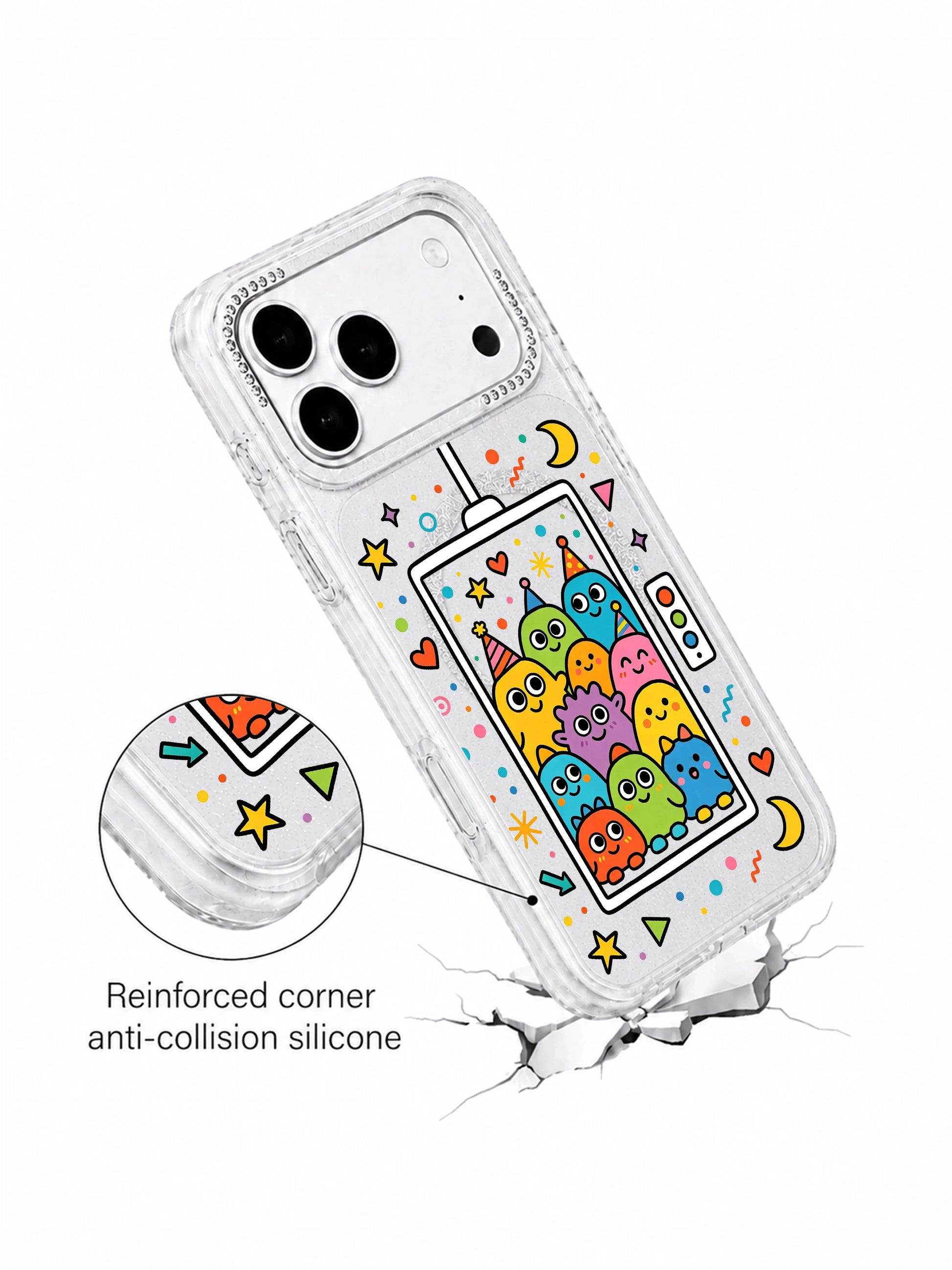 PhoneCasing anti-drop reinforced corner demo shot for Star Moon Wish Lift iPhone 17 Pro Max case, flexible shock-absorbent silicone for scratch resistant durable iPhone 17 Pro Max protective casing with uplifting kidcore dream character illustrations