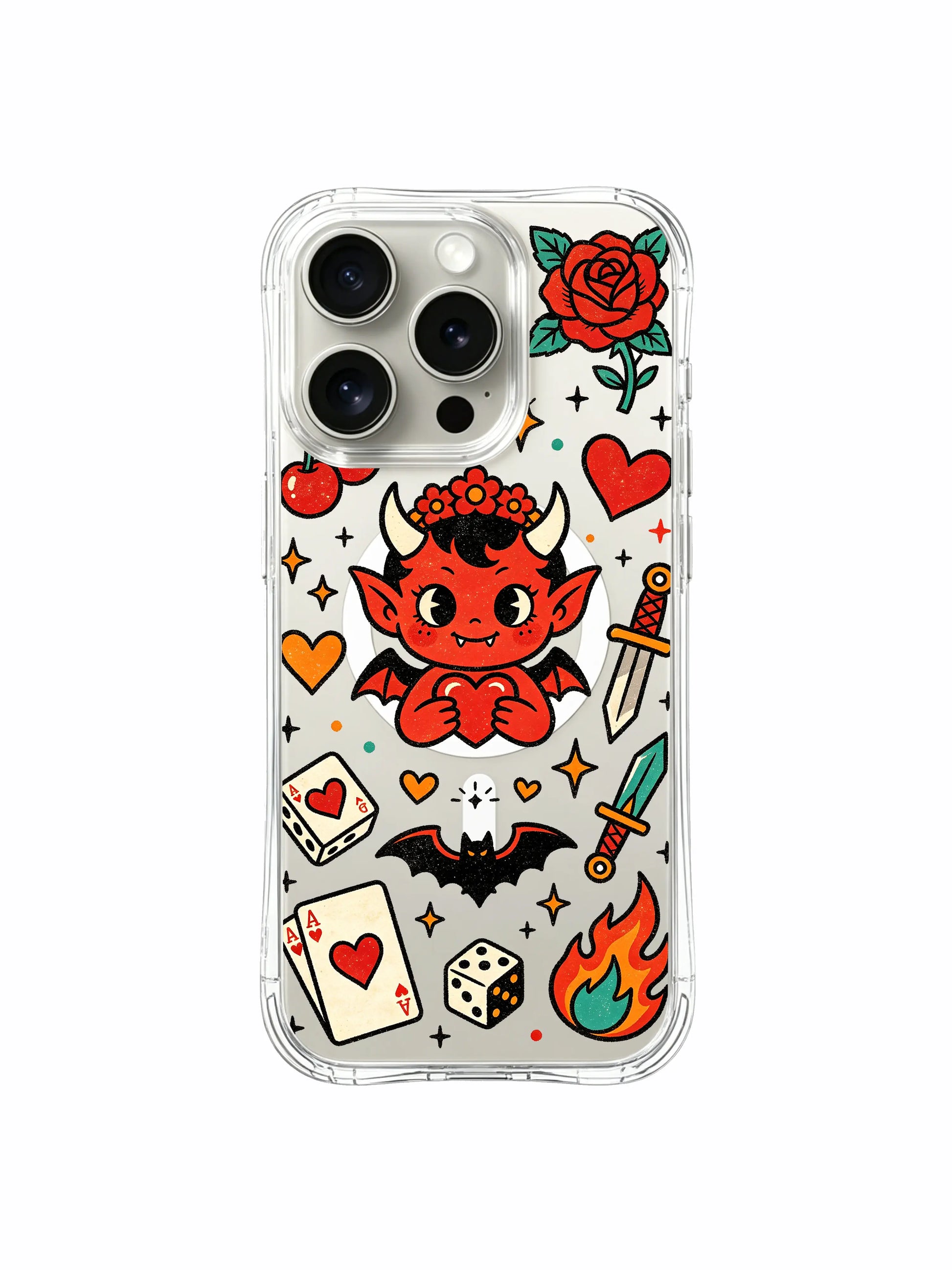 PhoneCasing iPhone 15 pro Case dotted with tiny stars, ace card and flame next to heart-holding devil, vintage tattoo style luxury gift casing for women.