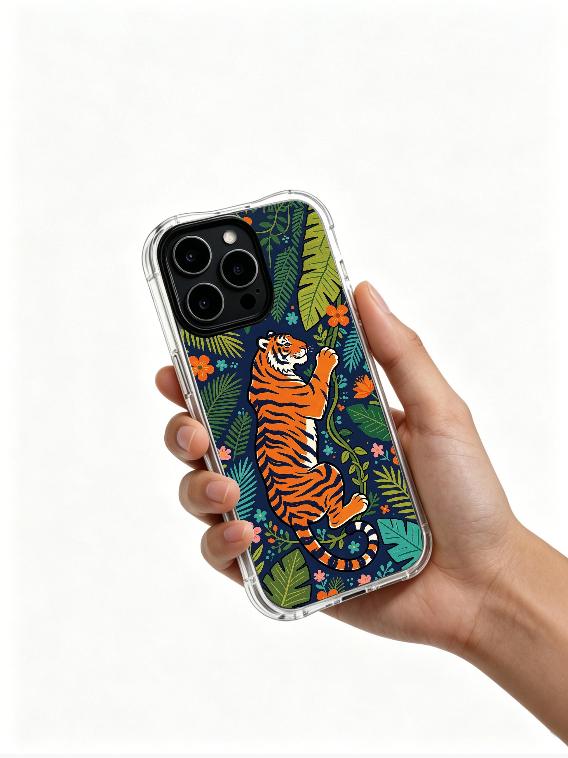 Dark navy star speckled jungle tiger art iPhone 13 pro Case from PhoneCasing, flexible transparent iPhone 13 pro casing with mixed pink and orange tropical flowers, trendy nature art phone cover.