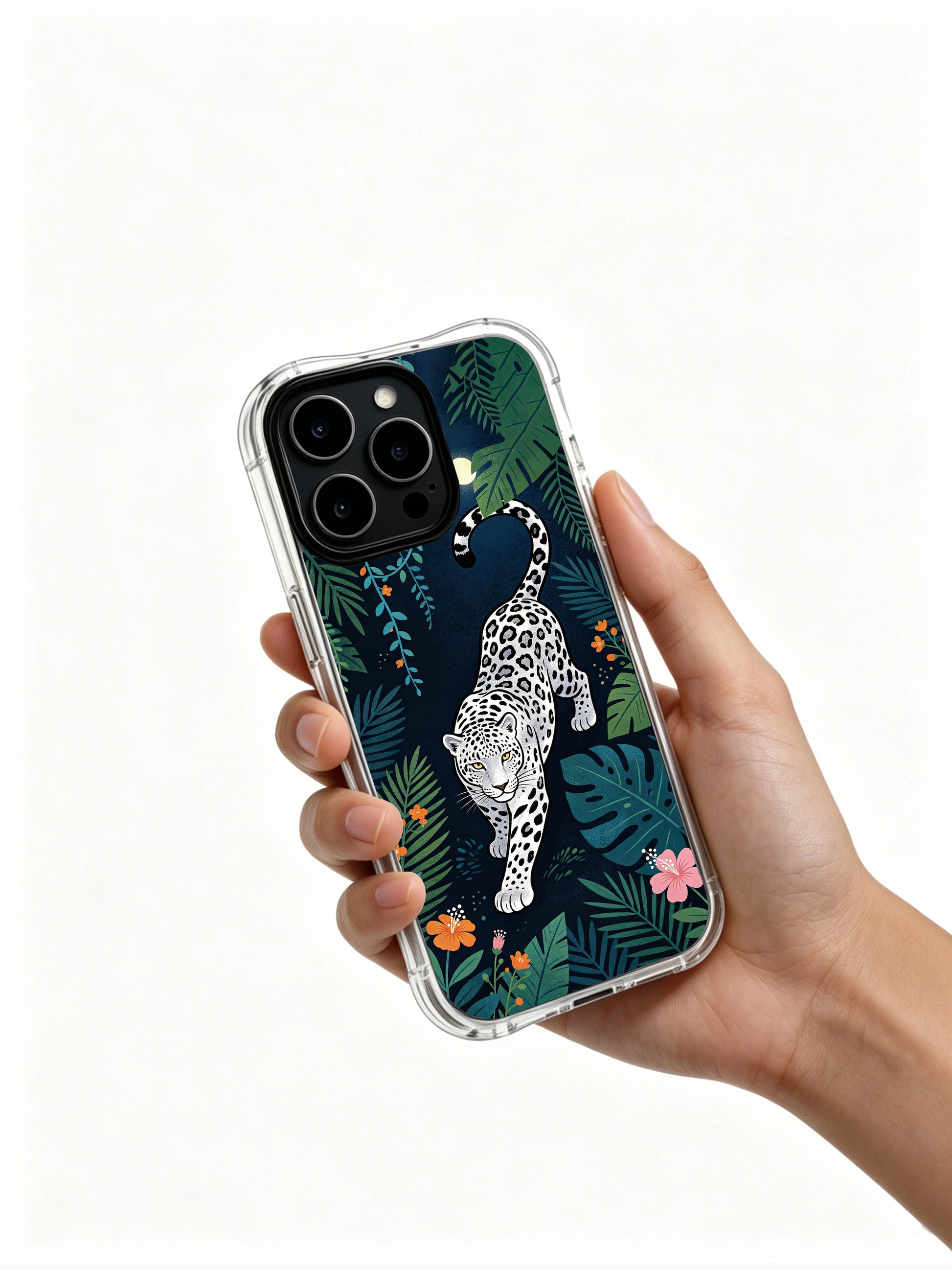 Dark navy star-dusted night jungle spotted silver leopard iPhone 13 pro Case from PhoneCasing, everyday durable iPhone 13 pro casing mixed with multicolor tropical blossoms, moody aesthetic designer phone cover.