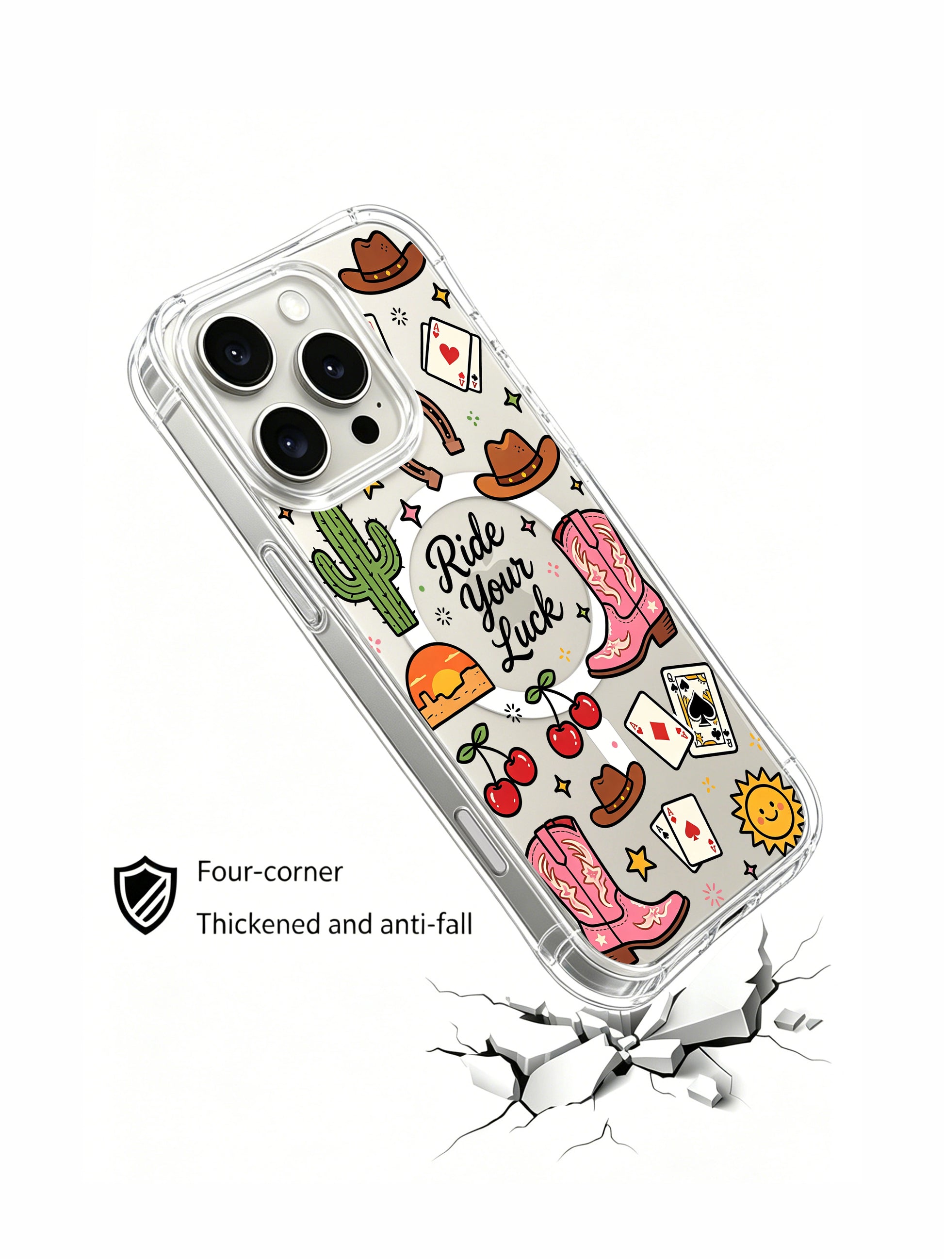PhoneCasing iPhone 16 pro max anti-fall case with starburst and desert doodles, bright and playful.