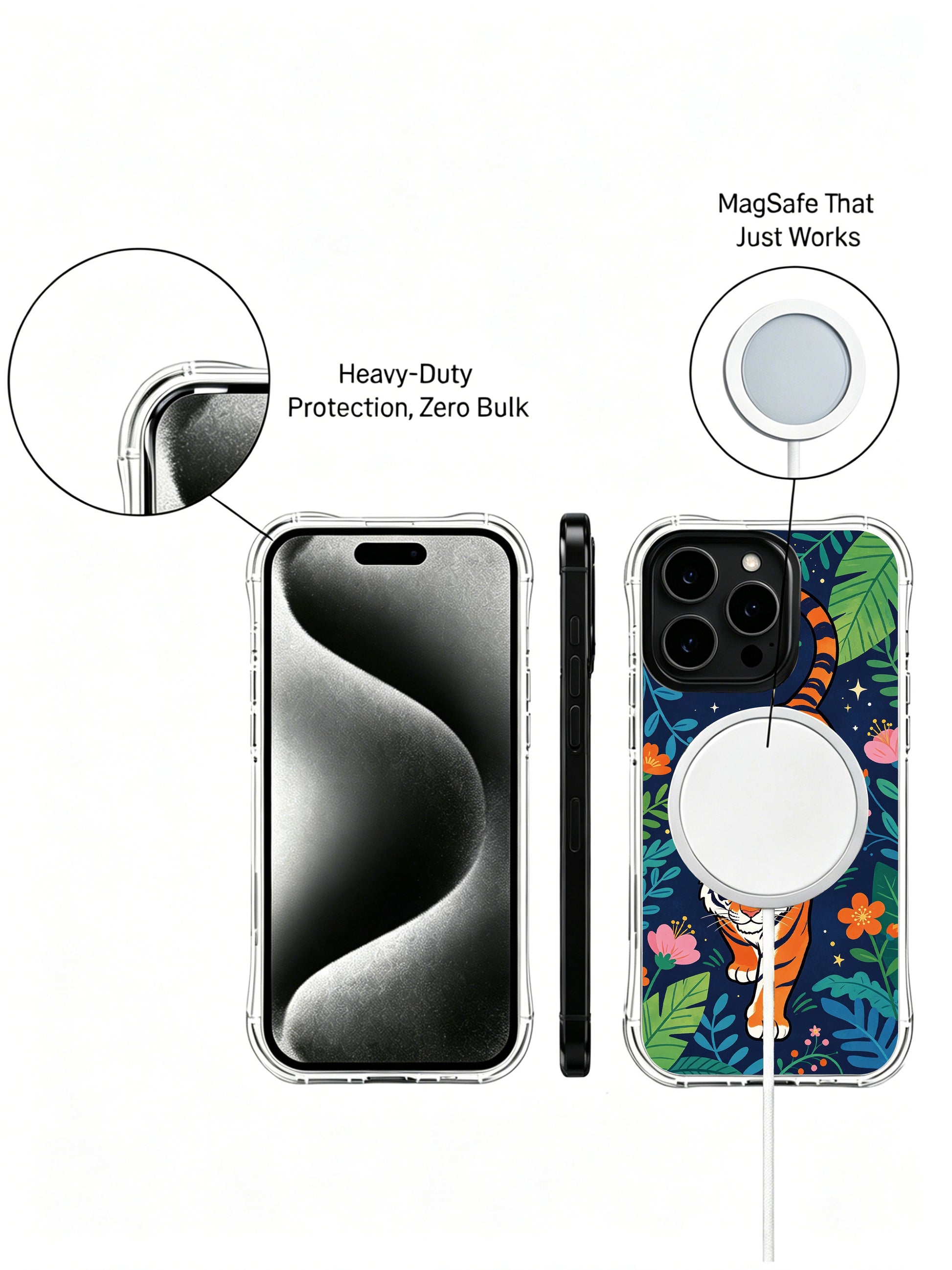 Tiny star-like scattered flowers surrounding wandering jungle tiger iPhone 13 pro Case from PhoneCasing, everyday durable transparent iPhone 13 pro casing with deep blue night backdrop, moody nocturnal animal decorative phone cover.