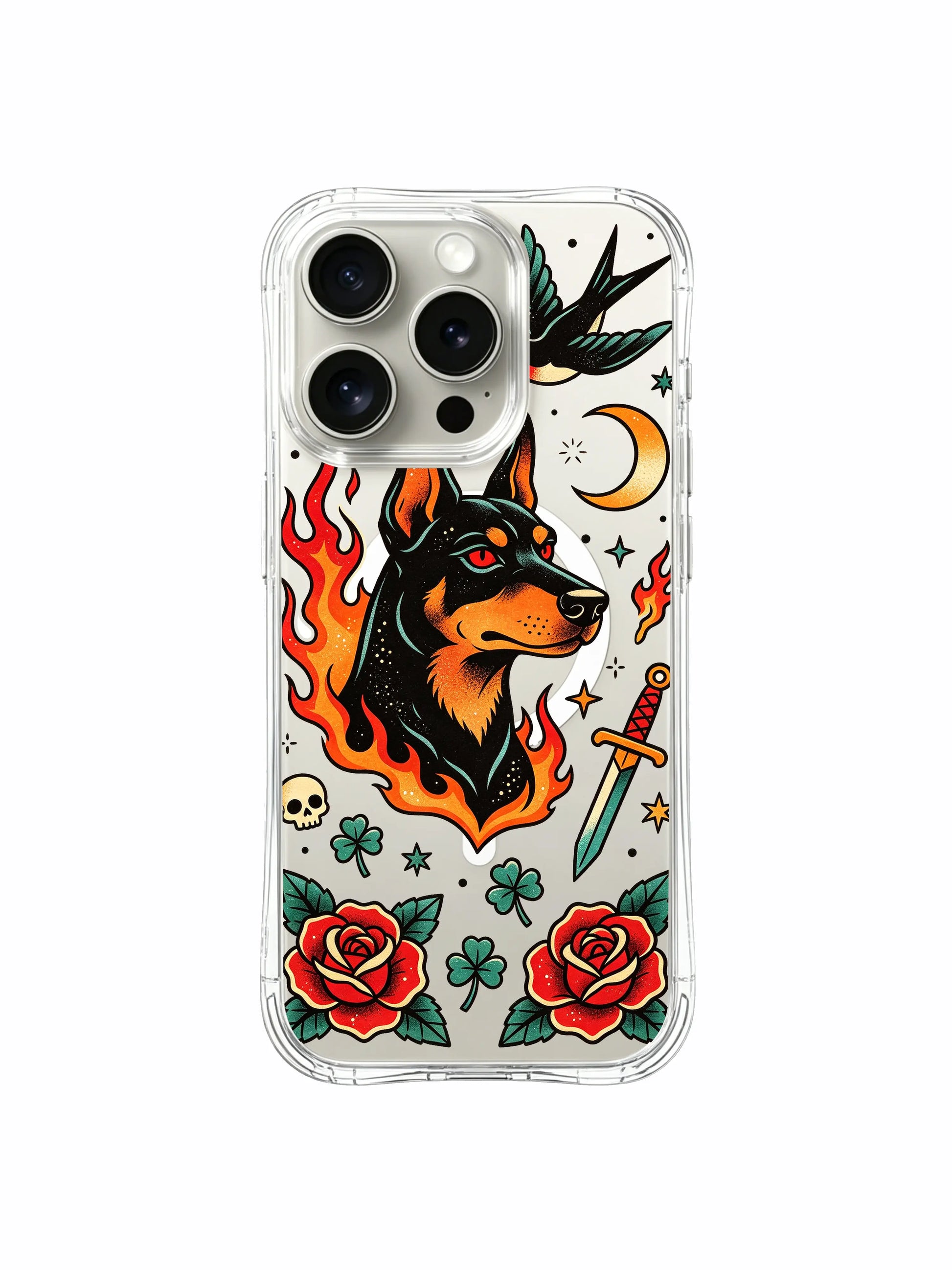PhoneCasing iPhone 15 pro Case with dotted star backdrop doberman old school art, Ruby Blackthorn Black Dog Garden limited fine art casing crafted California.