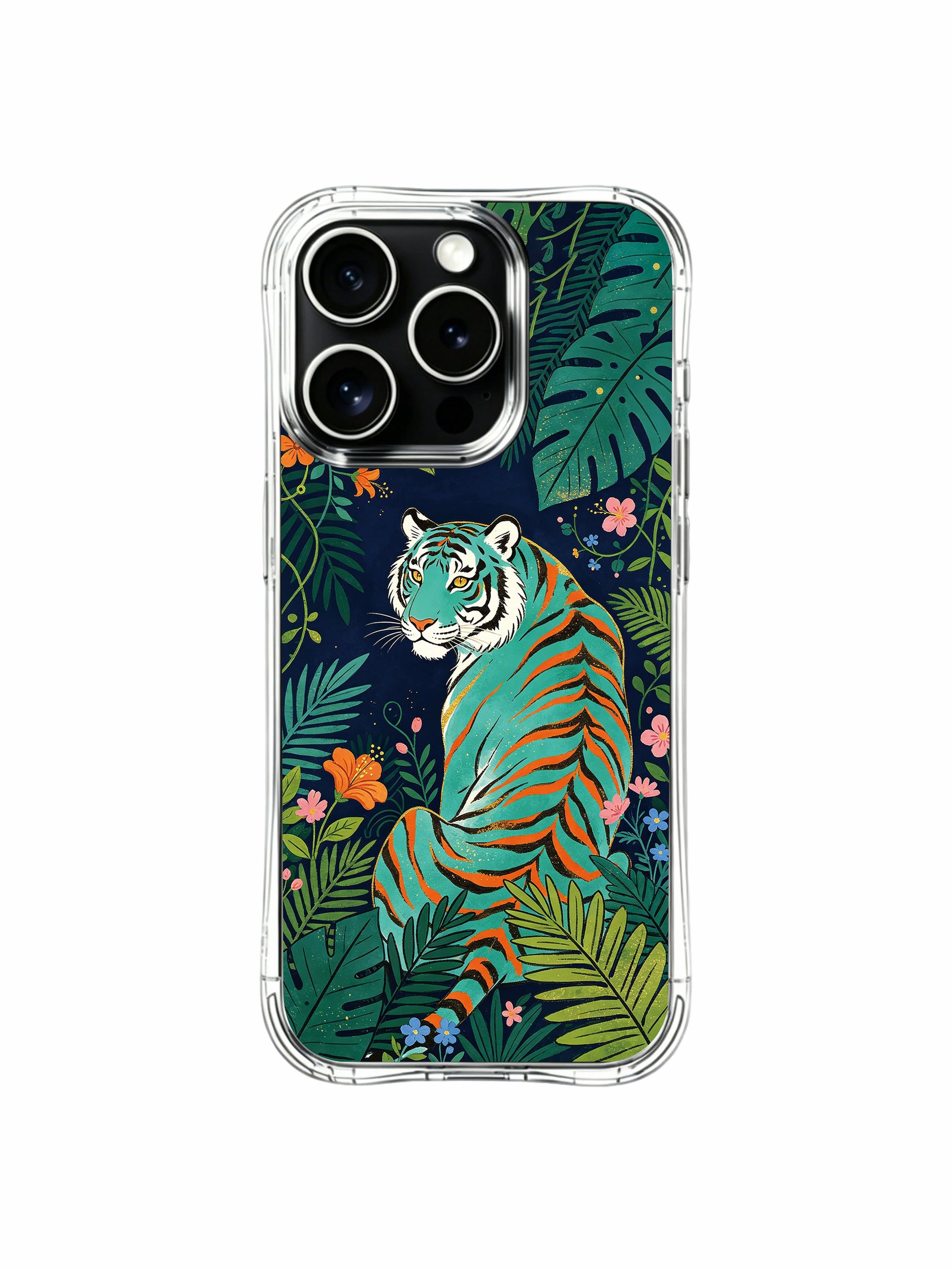 Dreamlike teal fantasy tiger wandering speckled starry midnight jungle iPhone 13 pro Case from PhoneCasing, scattered pink & blue tiny wildflower detail phone cover, USA crafted high-end art phone casing
