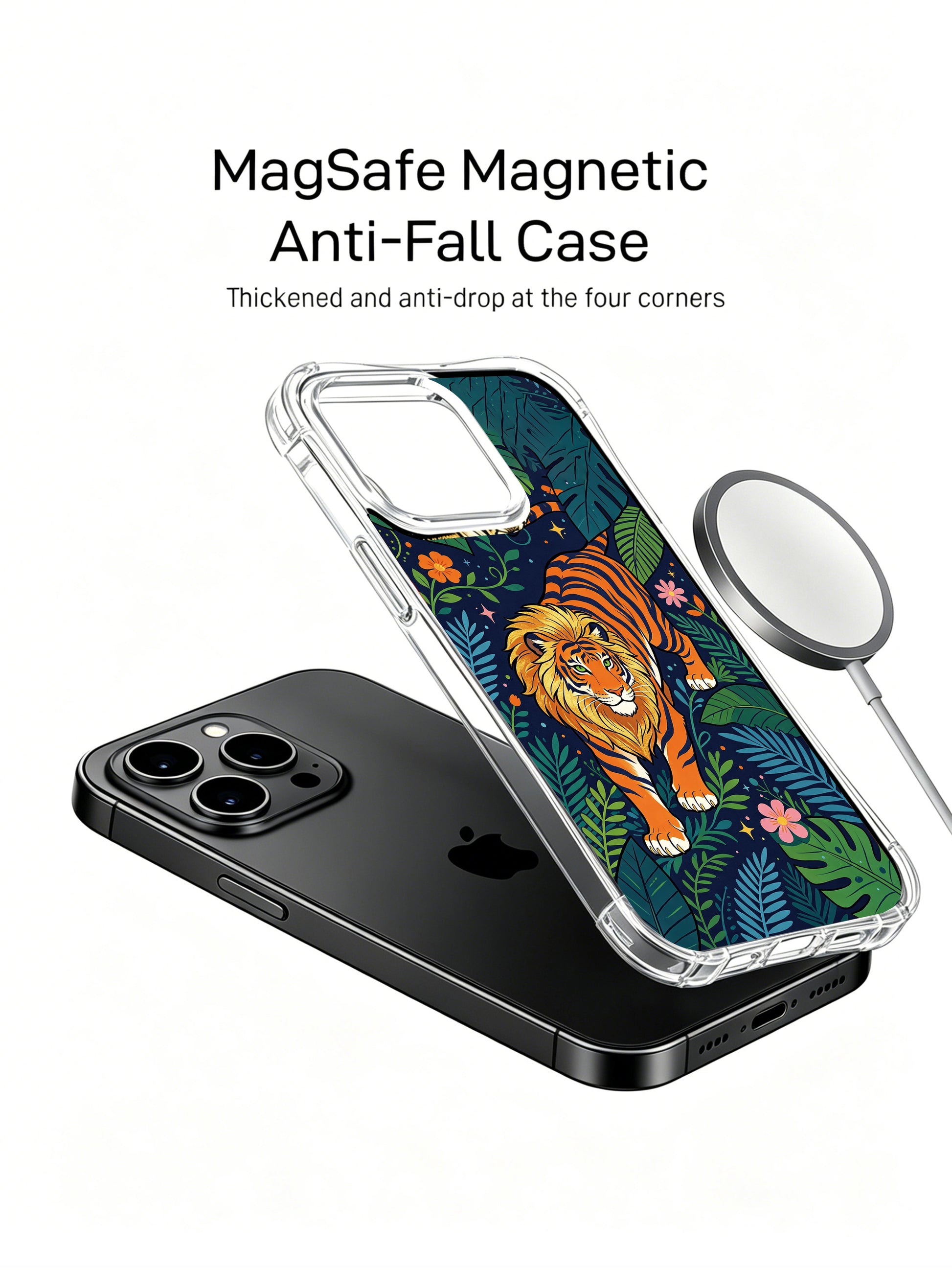 Original Elias Nocturne illustration PhoneCasing iPhone 13 pro Case, lightweight shockproof phone casing showcasing fiery striped wild tiger framed by lush monstera leaves and scattered exotic blossoms, unique art-style iPhone cover.