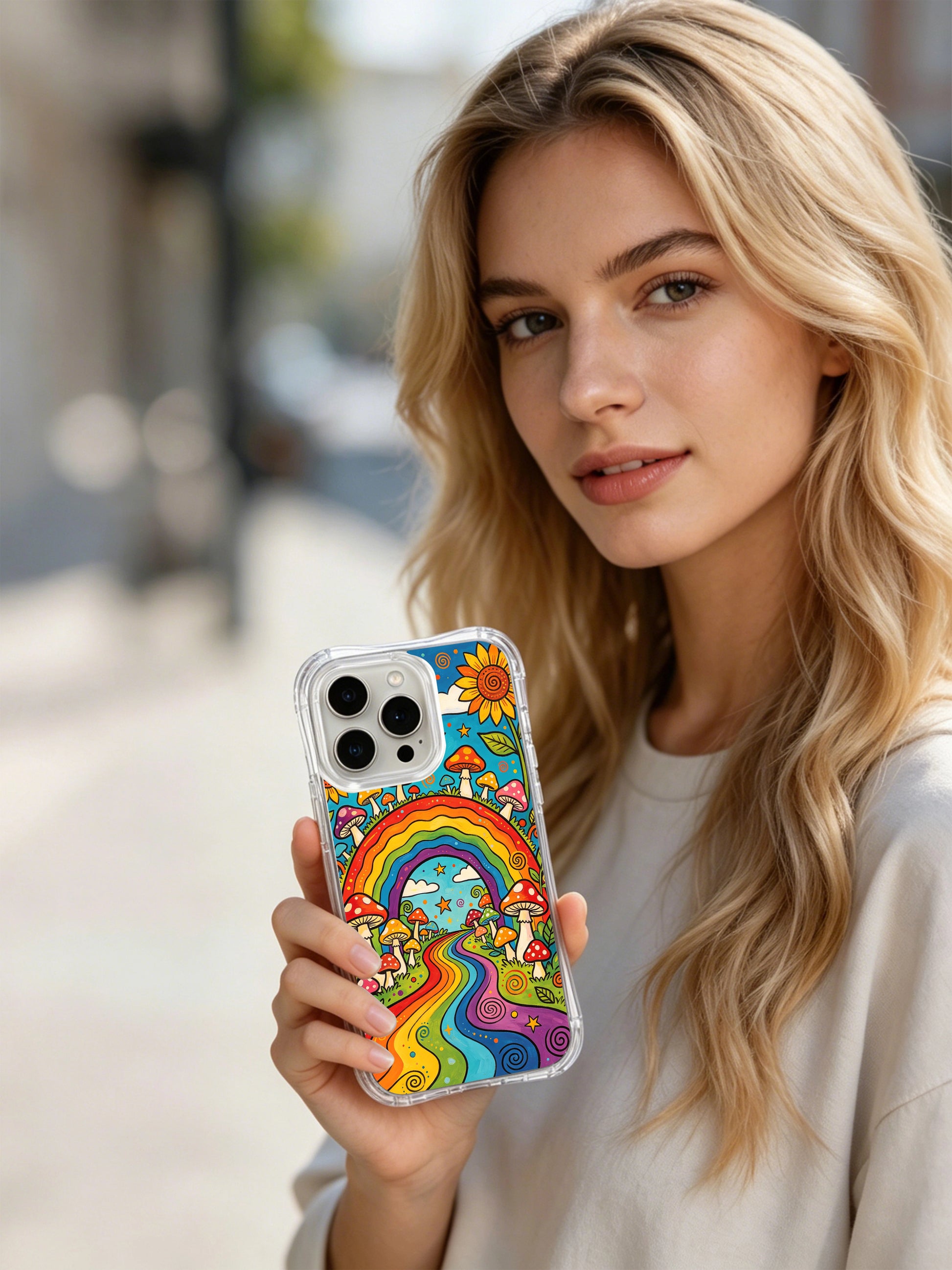 PhoneCasing iPhone 16 pro max Case, collectible fine art casing with star-speckled deep blue sky and hand drawn spiral ornaments across upper frame, rainbow gateway opens onto whimsical mushroom forest trail, long-wearing glossy finish US-made iPhone 16 pro max casing.