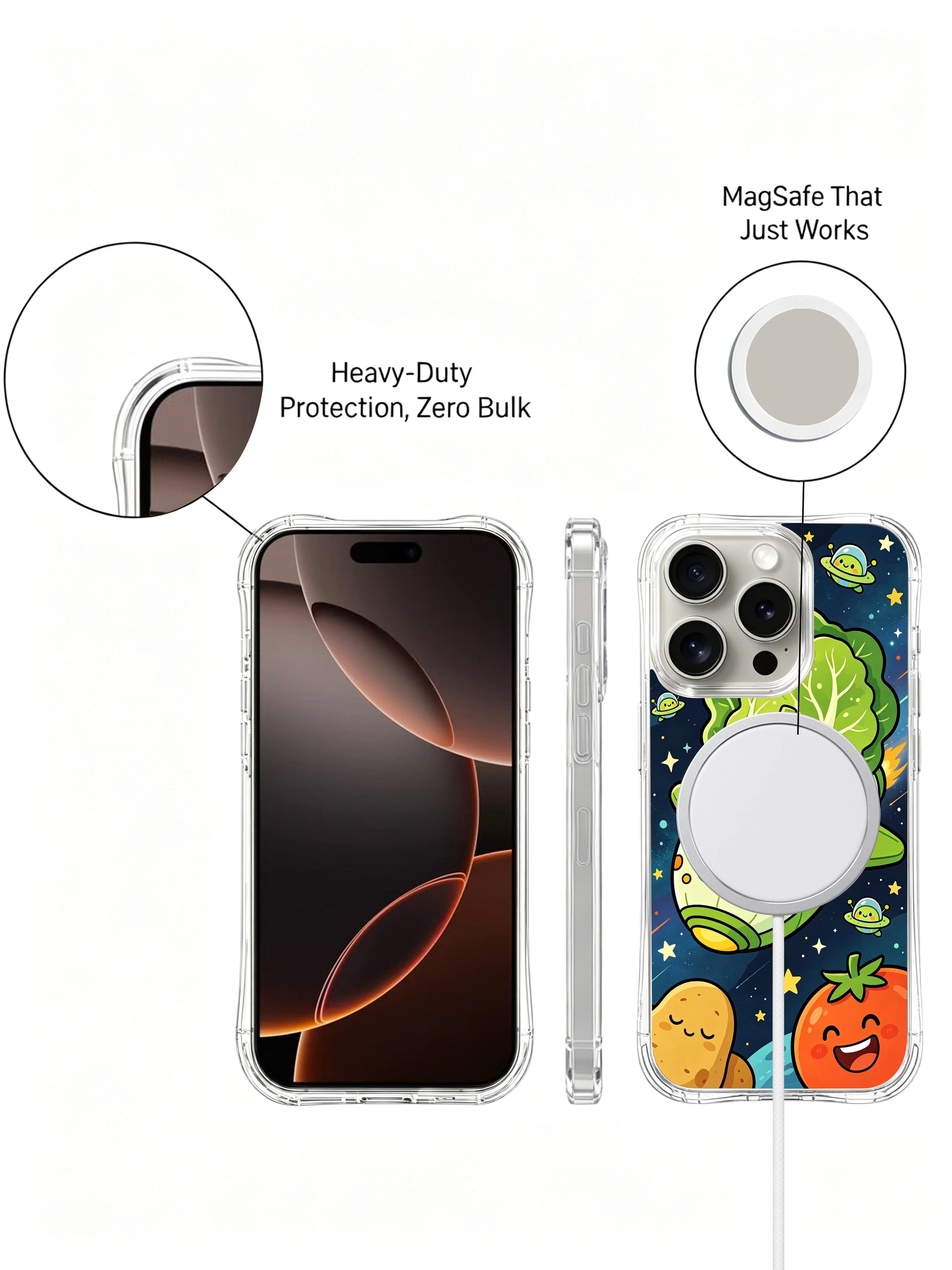 PhoneCasing iPhone 16 Pro Case with starry space veggie adventure illustration, part of Milo Yun’s Happy Little Worlds collection, high-quality art casing.