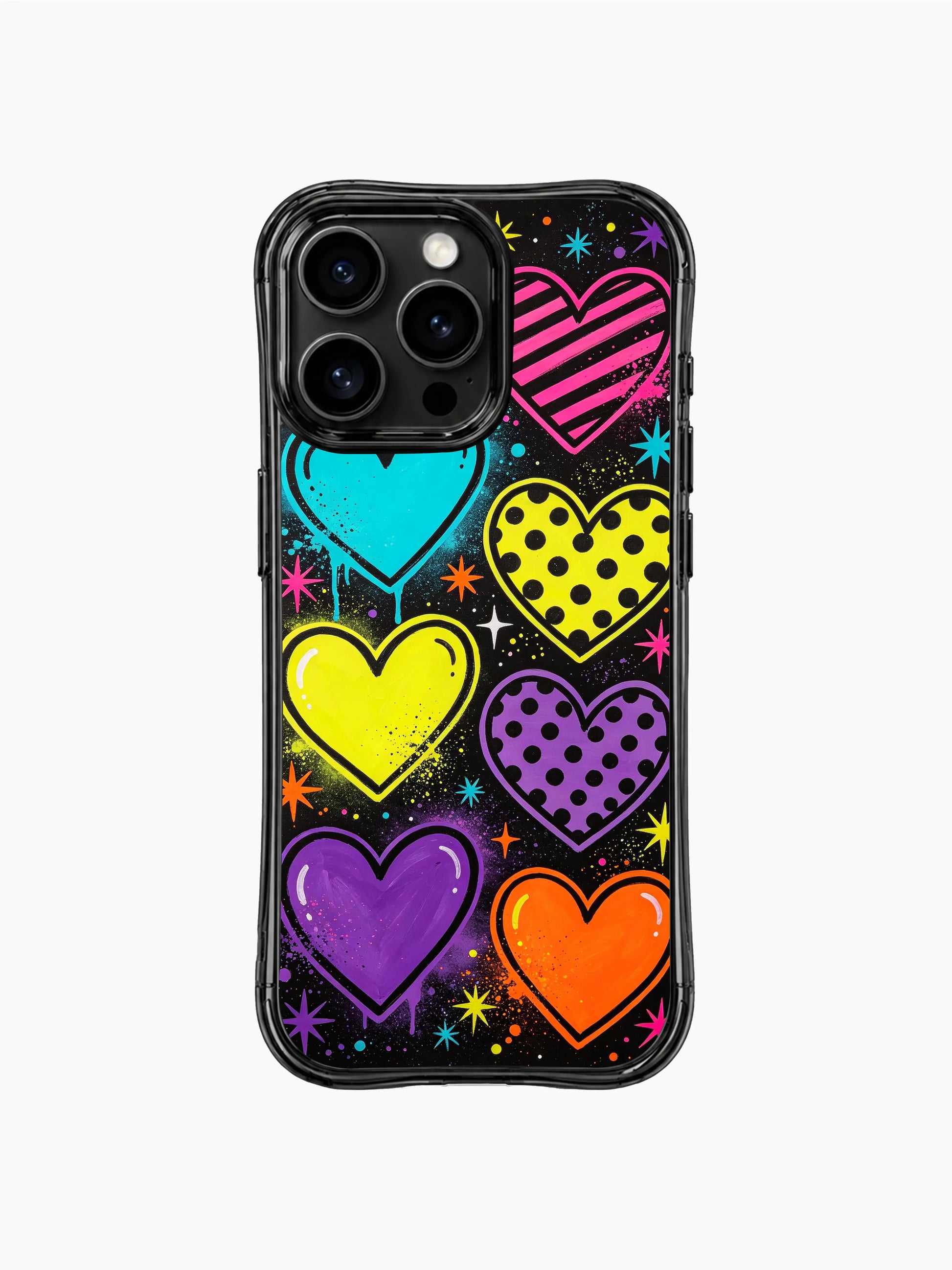 Heart Pop Universe PhoneCasing iPhone 13 Pro Max casing, striking repeating pop heart collage print, hand drawn LOVE lettering, floating star confetti & thick outline heart doodles