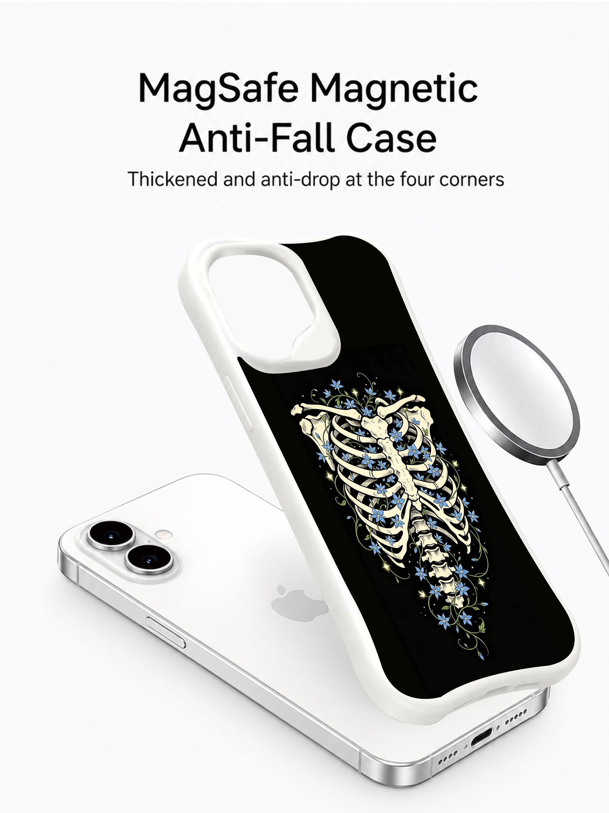 PhoneCasing Stellar Bloom spiritual goth iPhone 16 Case, hand-drawn rib skeleton intertwined with luminous blue star blooms against matte black background, antimicrobial smooth finish durable iPhone 16 casing