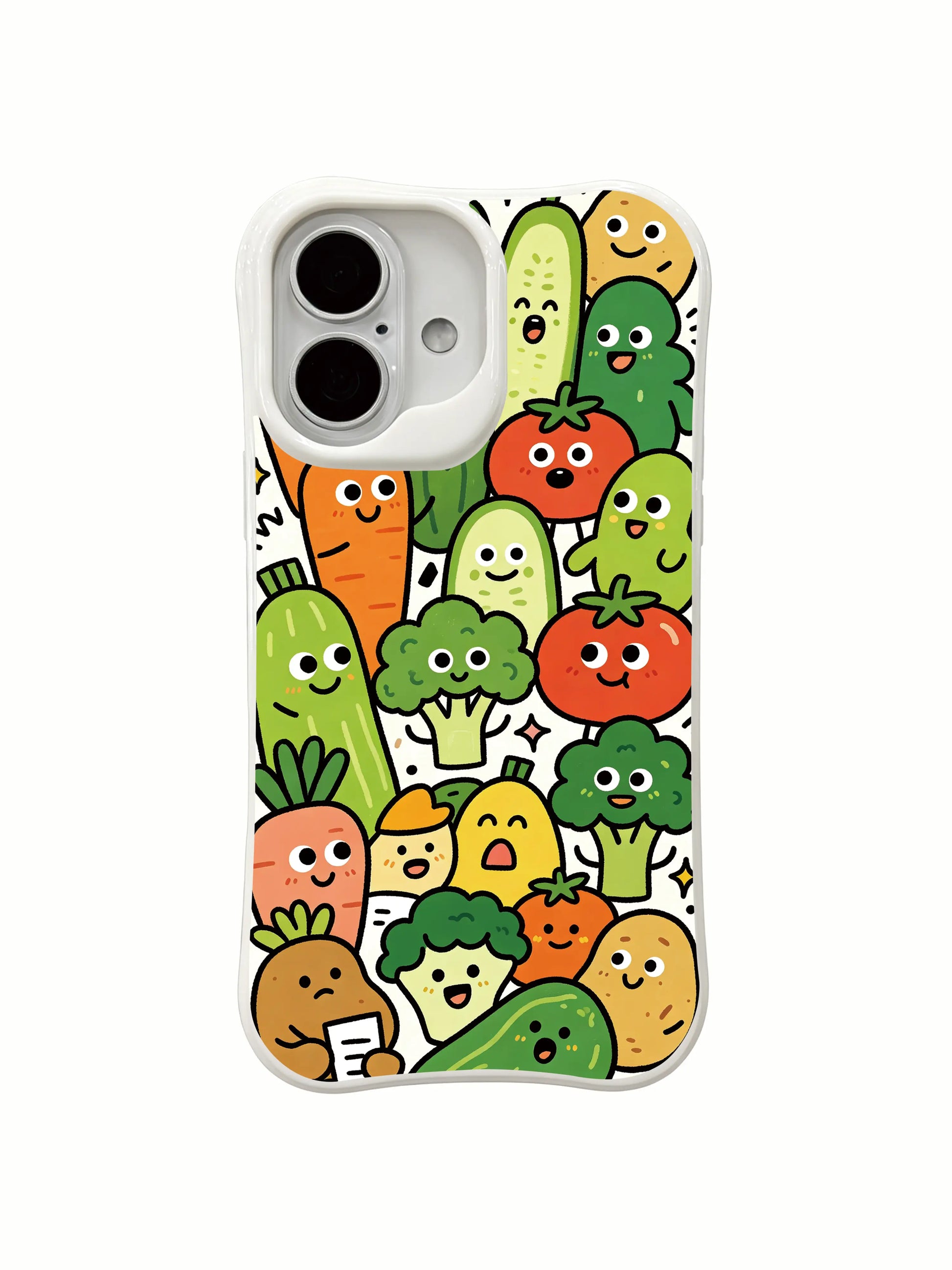 PhoneCasing sticker style garden meeting iPhone 16 Plus Case, full-print original artwork with rich story details.
