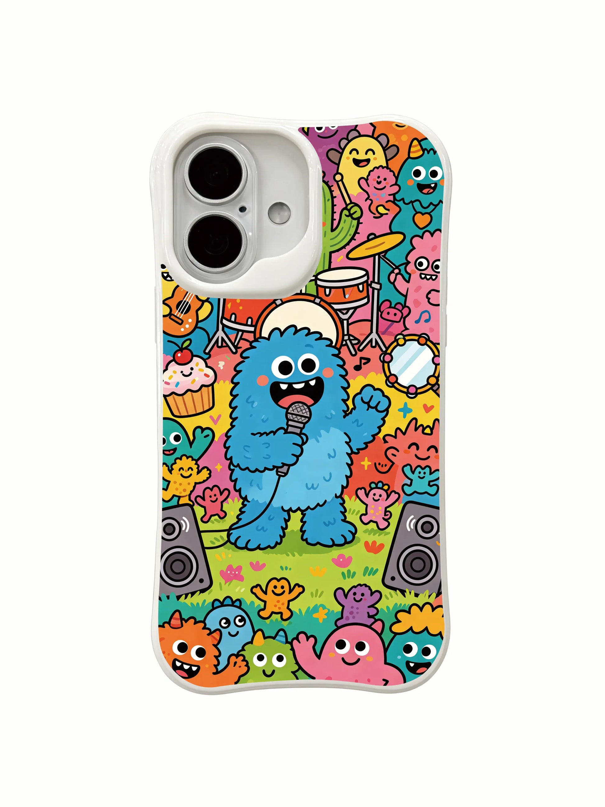 PhoneCasing sticker style monster festival iPhone 16 Plus Case, full-print original artwork with rich story details.