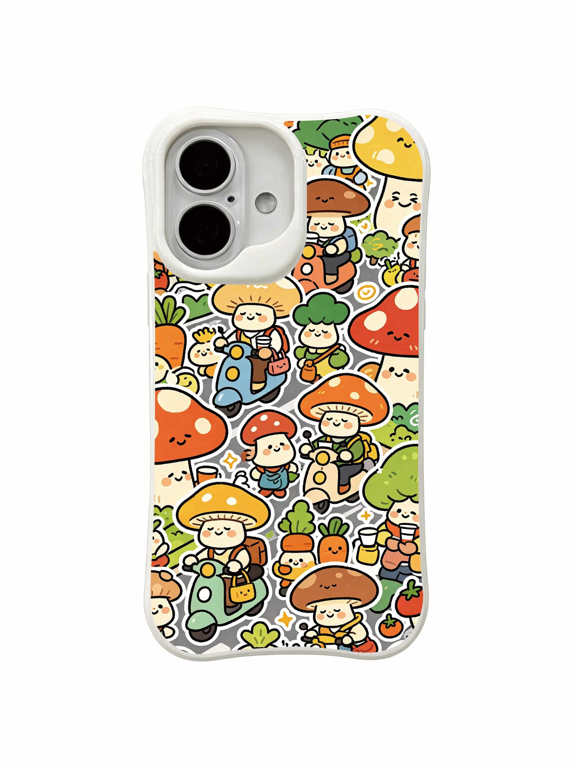 PhoneCasing sticker style mushroom iPhone 16 Plus Case, Milo Yun’s Mushroom Town with dense full-cover illustration.