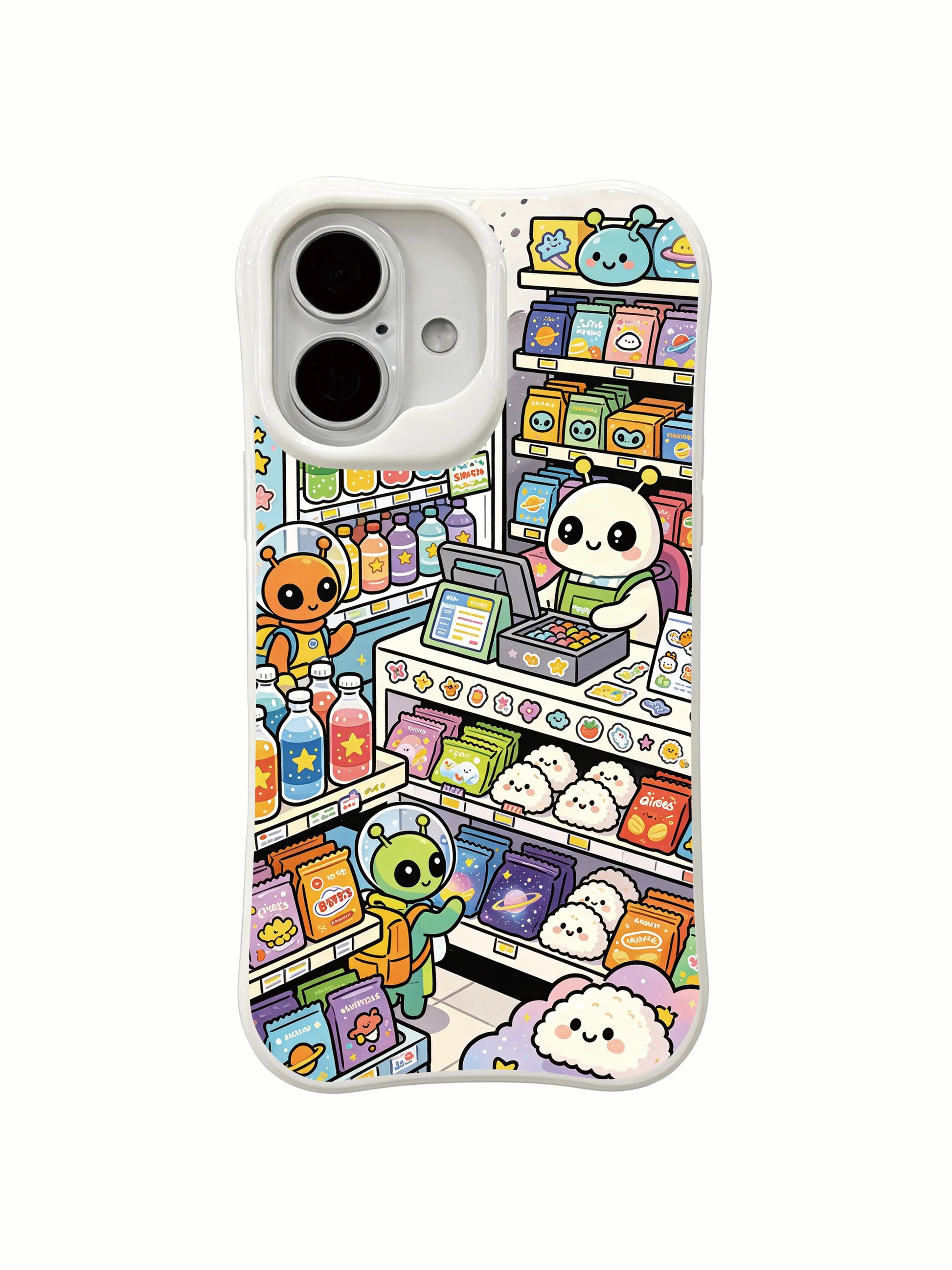PhoneCasing sticker style space shop iPhone 16 Plus Case, dense full-print artwork from Milo Yun original design.