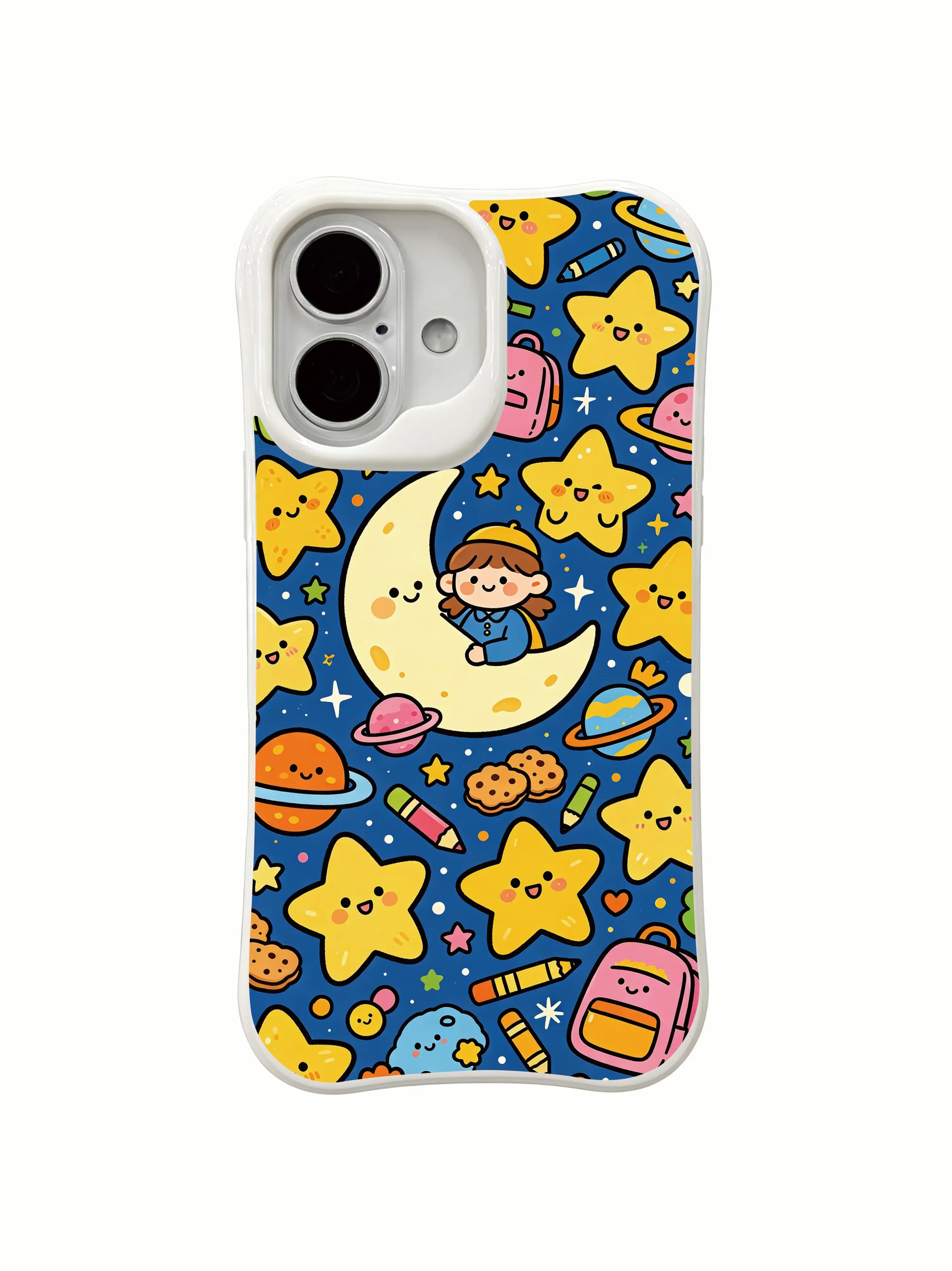 PhoneCasing sticker style star iPhone 16 Plus Case, Milo Yun’s Star Kindergarten with dense full-cover illustration.