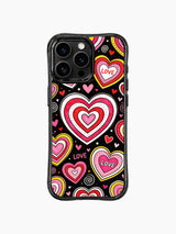 PhoneCasing iPhone 13 Pro Max case hand-drawn dashed stitch borders on every concentric heart ring, multi-size layered candy heart shapes, scattered multi-tonal LOVE lettering on high contrast black canvas phone cover casing.