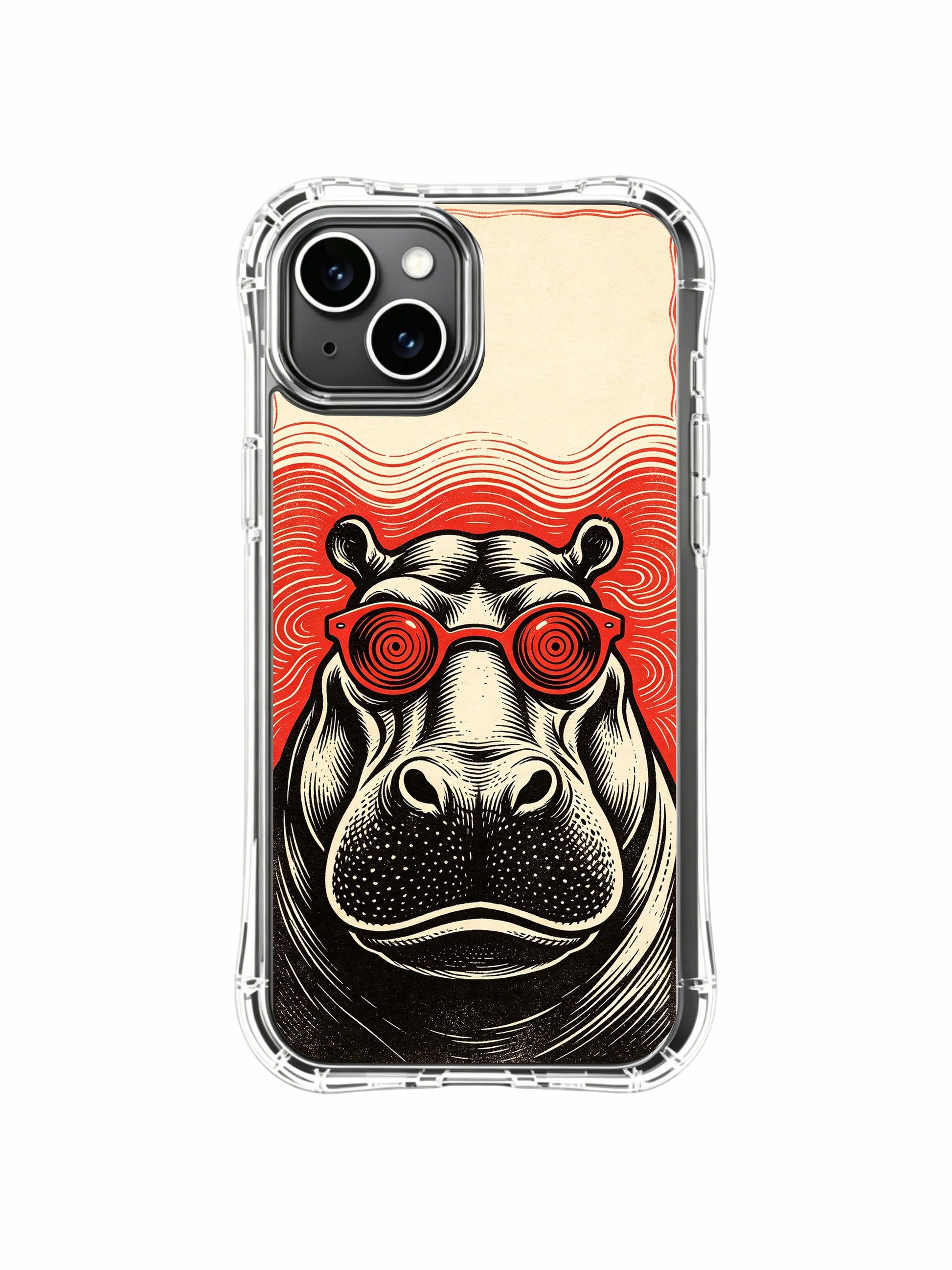 Stoic philosophy bespoke fine art red spiral glass retro hippo design by Rufus Vale on PhoneCasing iPhone 13 Case, exclusive limited-run art casing shipped from California USA.