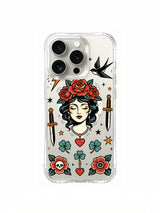 Storm lady with red roses in an old-school tattoo composition artwork on an iPhone 15 Pro case