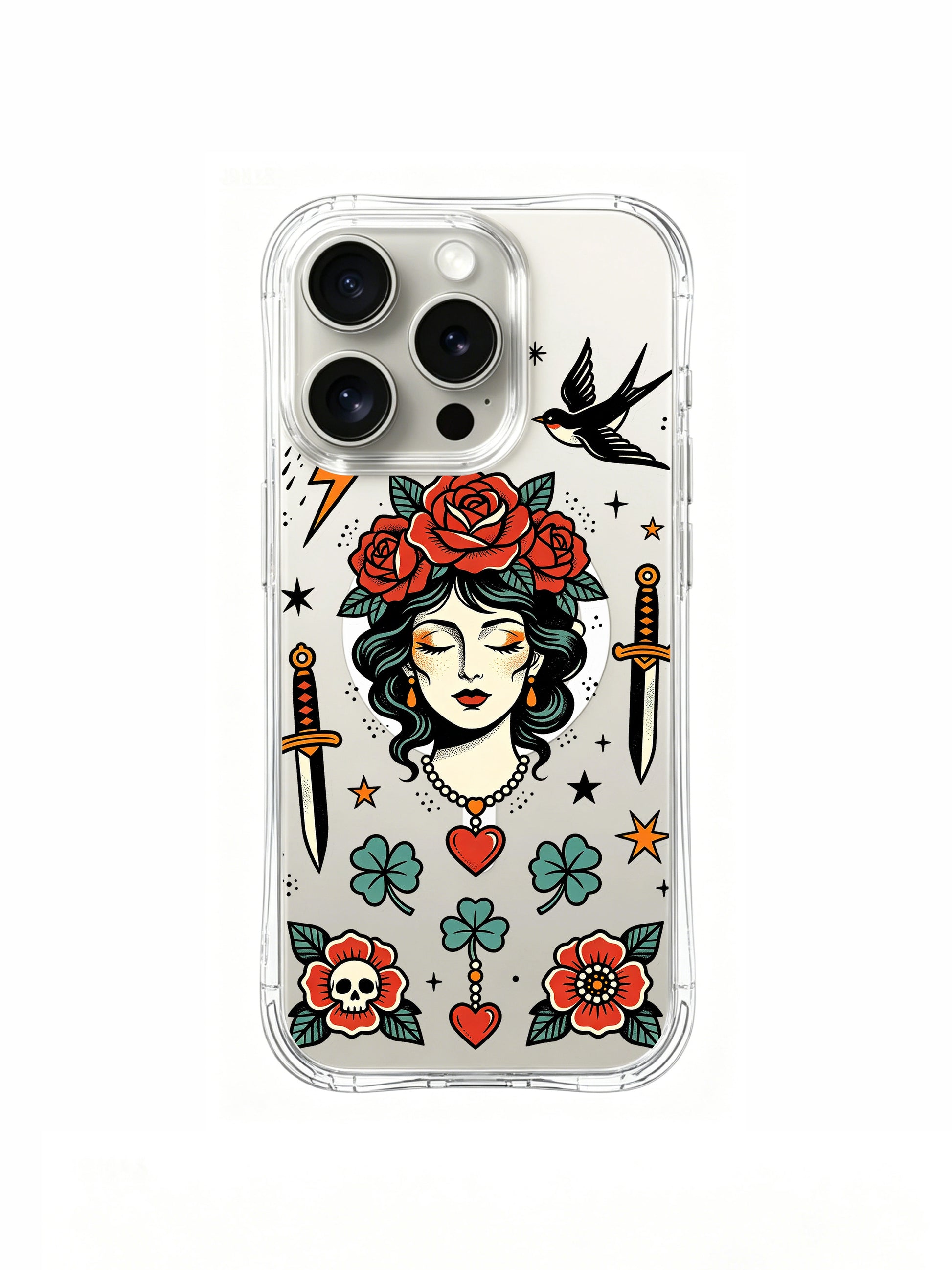 PhoneCasing iPhone 15 pro Case featuring Ruby Blackthorn vintage storm lady tattoo artwork, serene closed-eye maiden crowned with red roses surrounded by swallow birds, dagger, lightning bolt, skull blooms and four-leaf clover, transparent shockproof art iPhone 15 pro casing crafted inside California.